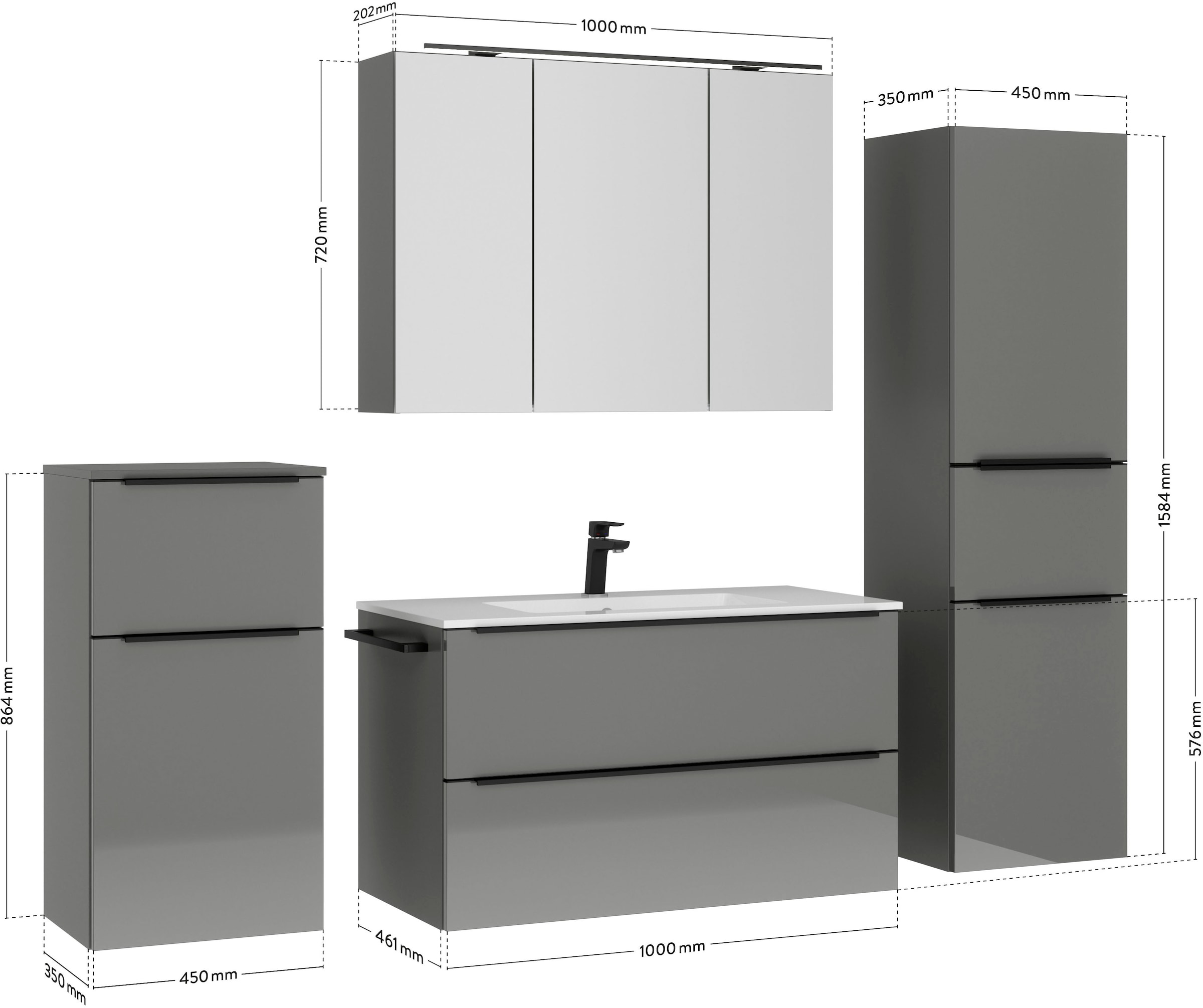 nobilia® Badmöbel-Set »Levere«, (4 St., vormontiert, mit Soft-Close), inkl. Spiegelschrank mit Beleuchtung und Dimmerfunktion, in 4 Breiten