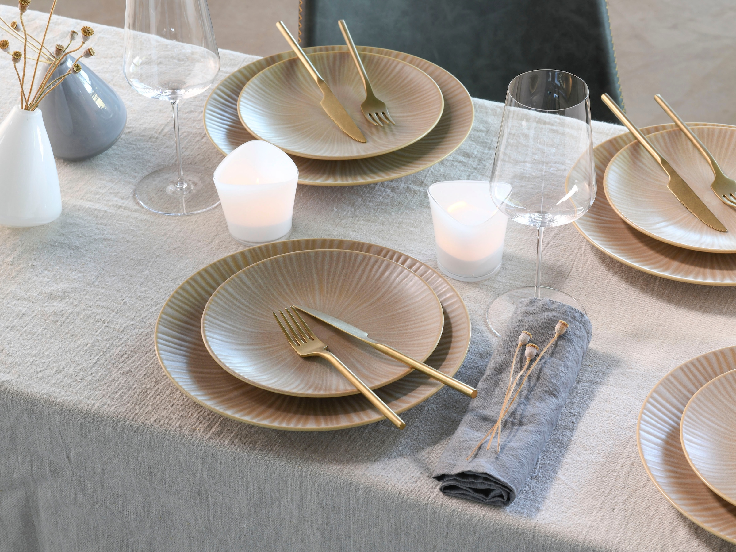 CreaTable Teller-Set »Vesuvio Sand«, (Set, 12 tlg.), seidenmatte Glasur, ausdrucksstarkes Relief