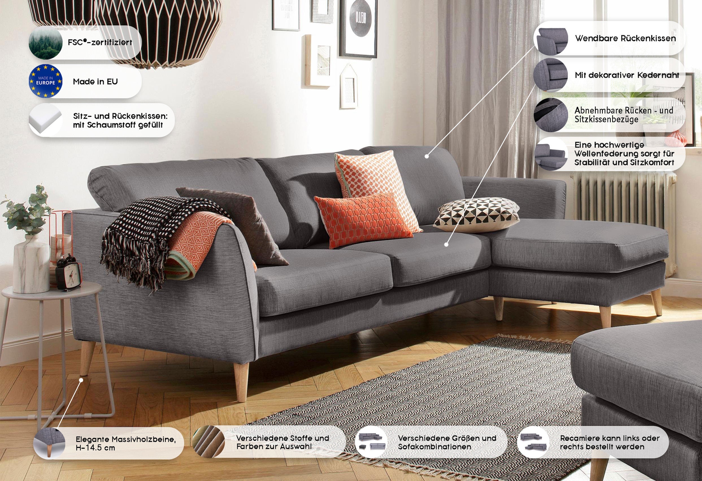 Home affaire Ecksofa »MARSEILLE (279/152cm),L-Form, Rec. rechts/links, verschiedene Bezüge«, Massivholzbeine Eiche, Landhausstil, Wellenunterfederung