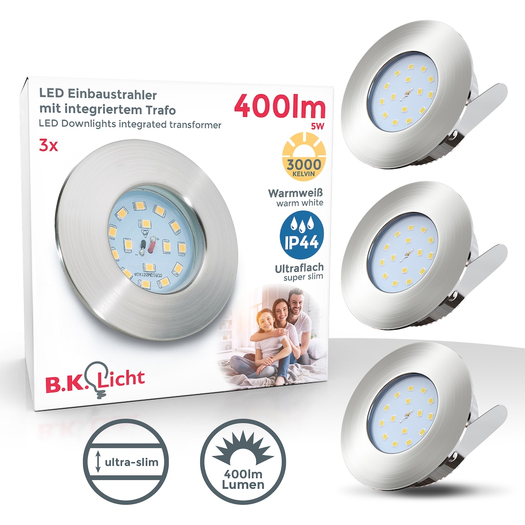 B.K.Licht LED Bad-Einbauleuchte »Elias«, 3er Set, Schutzart IP44, spritzwassergeschützt, Ø 7,5 cm