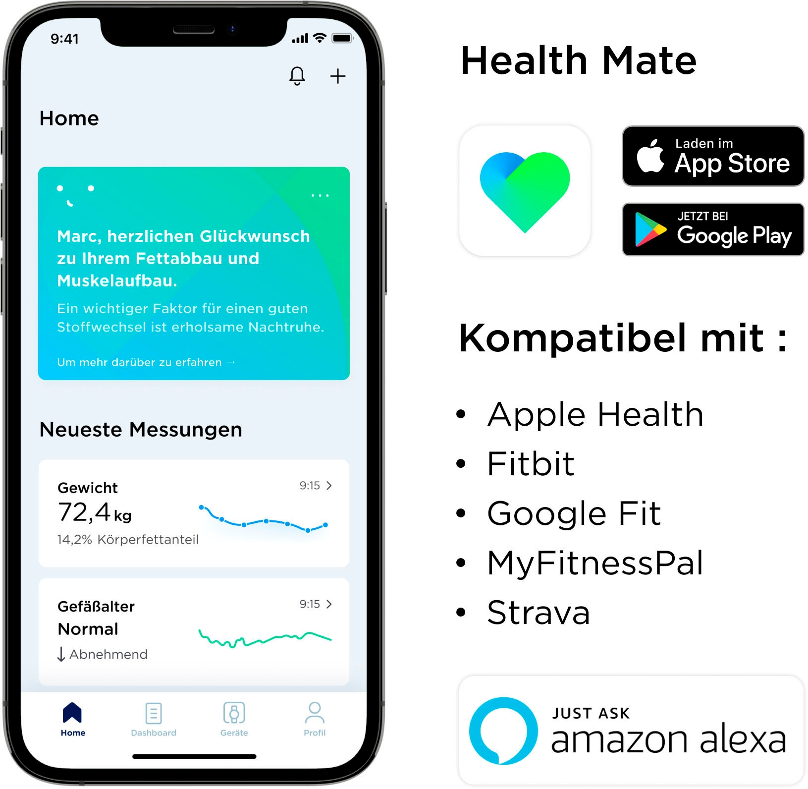 Withings Körper-Analyse-Waage »Body Cardio, Bluetooth und W-Lan fähig«, zeigt Körperfettanteil (KFA), Muskelmasse, Wasseranteil