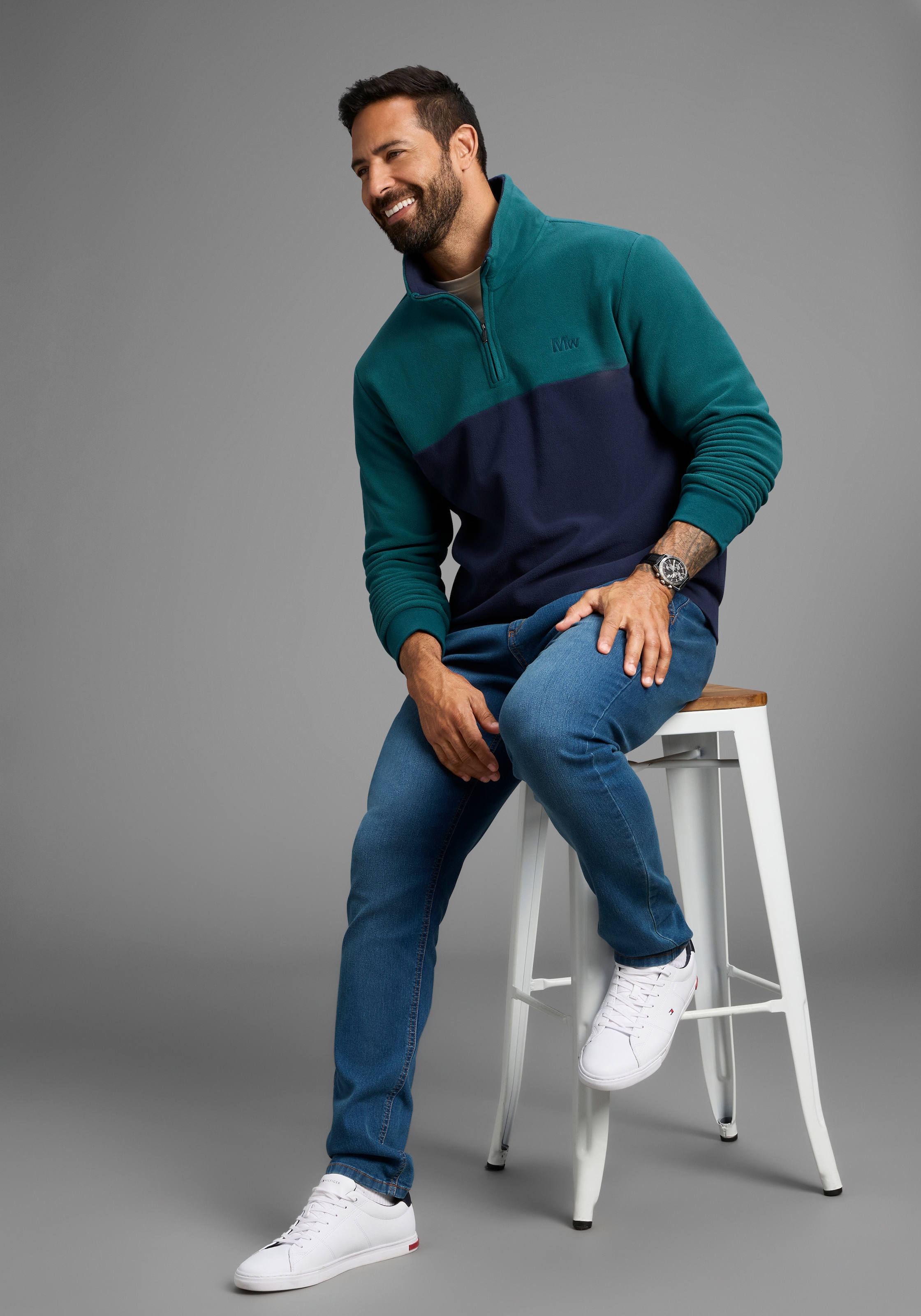 Man's World Fleecepullover, Troyer mit Kontrast-Part, ideal für den Übergang