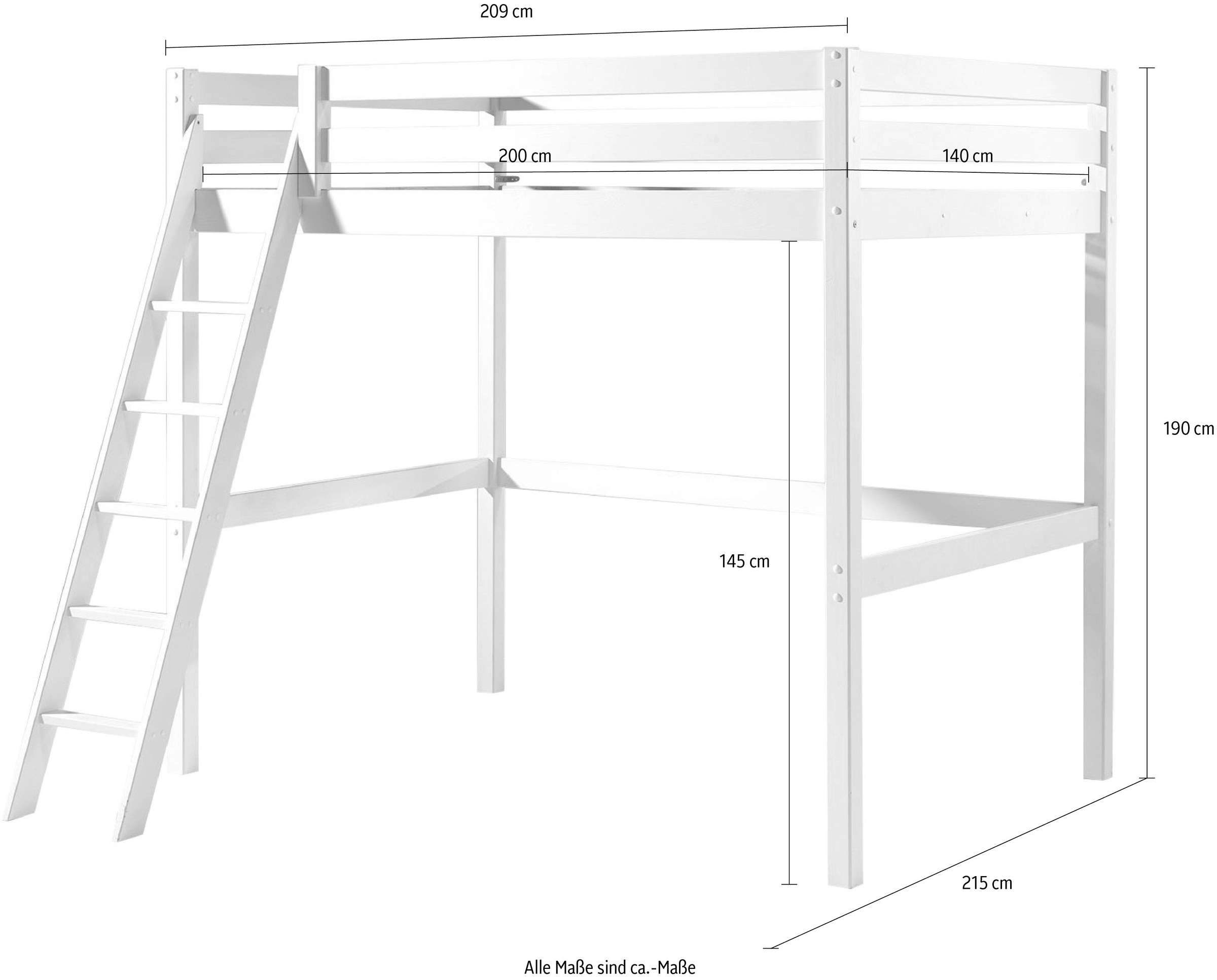 Vipack Hochbett »Pino, inkl. Rolllattenrost, Absturzschutz und schräger Leiter«, (B/H/T ca. 209x190x215cm, Höhe unter der Liegefläche 145 cm nutzbar), in zwei Breiten 90 oder 140 cm erhältlich