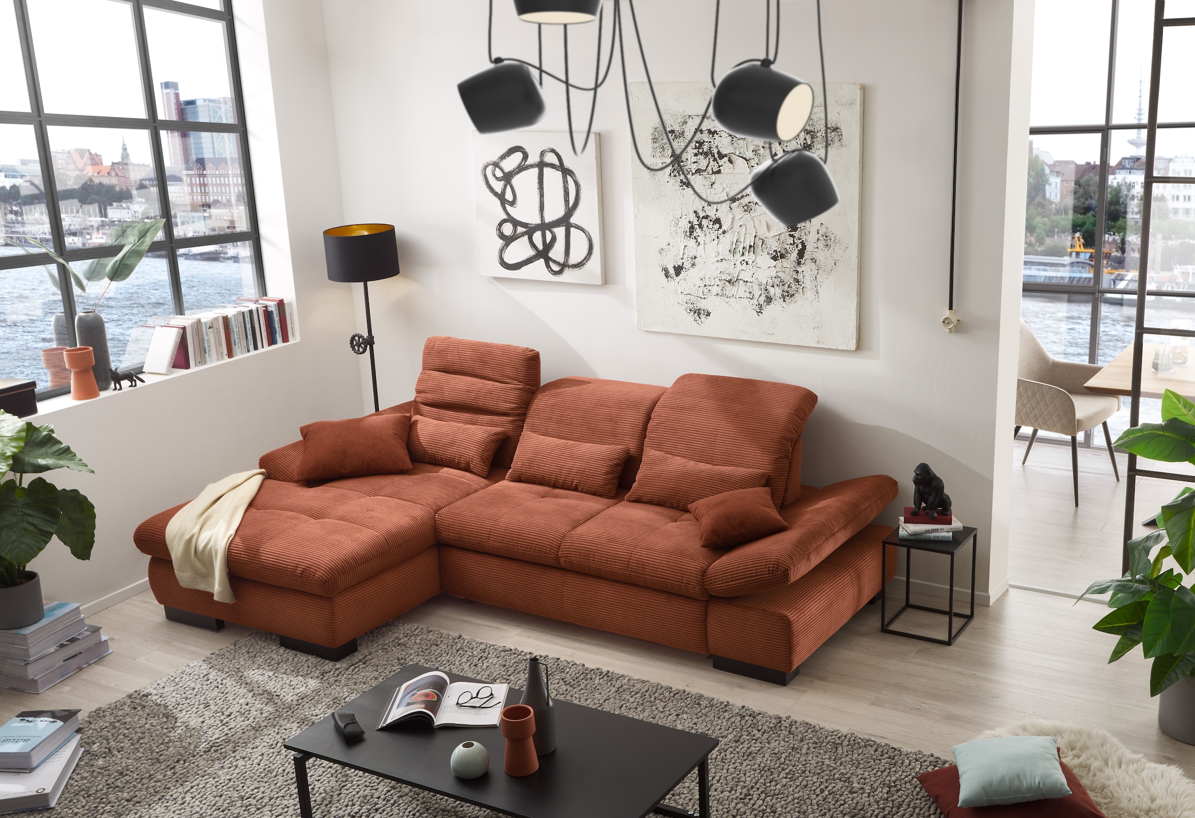 set one by Musterring Ecksofa »SO4100 V«, mit verstellbaren Kopfteilen, wahlweise mit Funktionen, Cord-Bezug