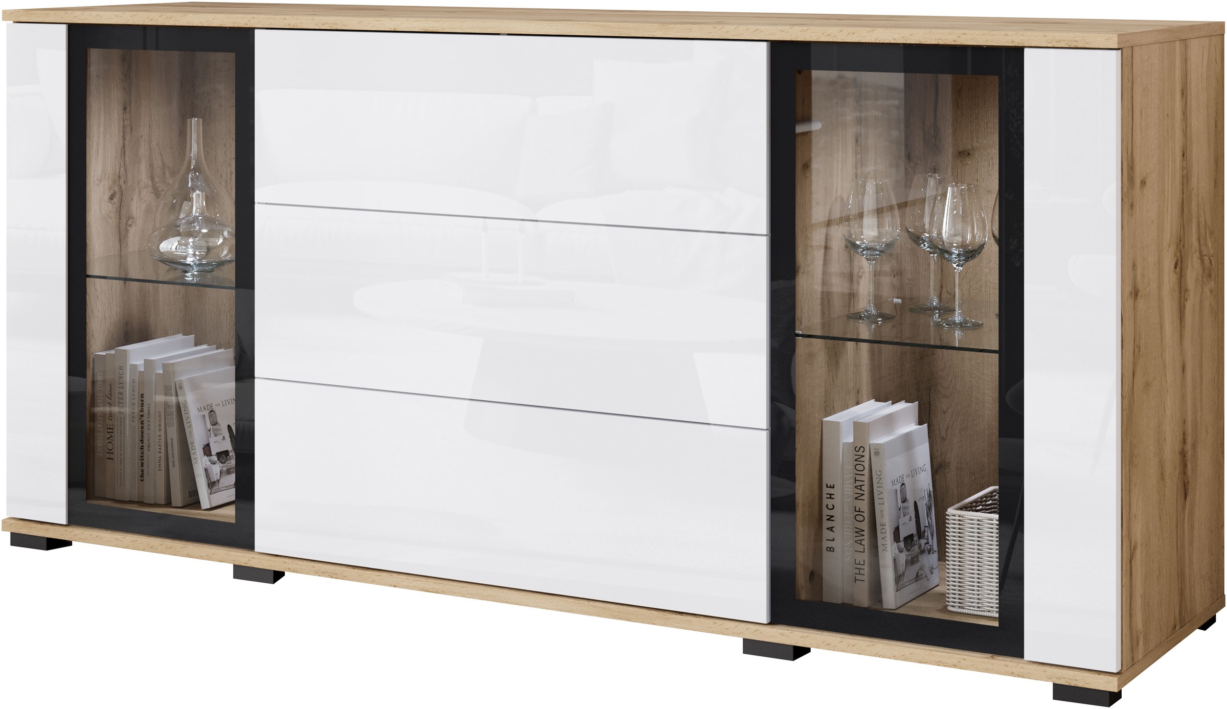 INOSIGN Sideboard »modernes Design mit Glaseinsätzen und 3 Schubladen, Breite 150 cm«, (1 St.), Grifflose Fronten mit Push-to-Open, höhenverstellbare Einlegeböden