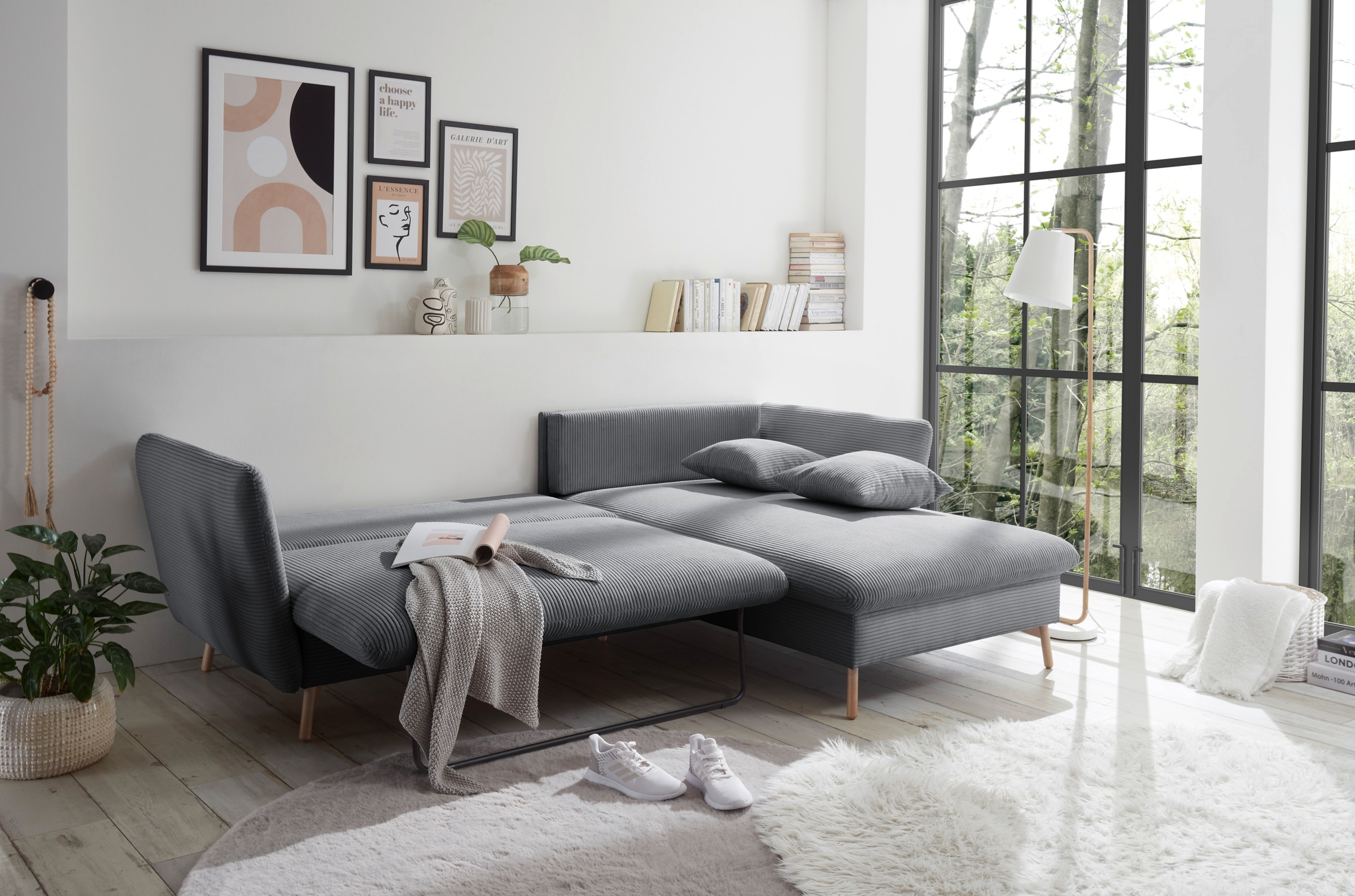 andas Ecksofa »MERLE, 258 cm, L-Form, traumhafter Cord,«, mit Bettfunktion und Bettkasten, Liegefläche 224 x 139