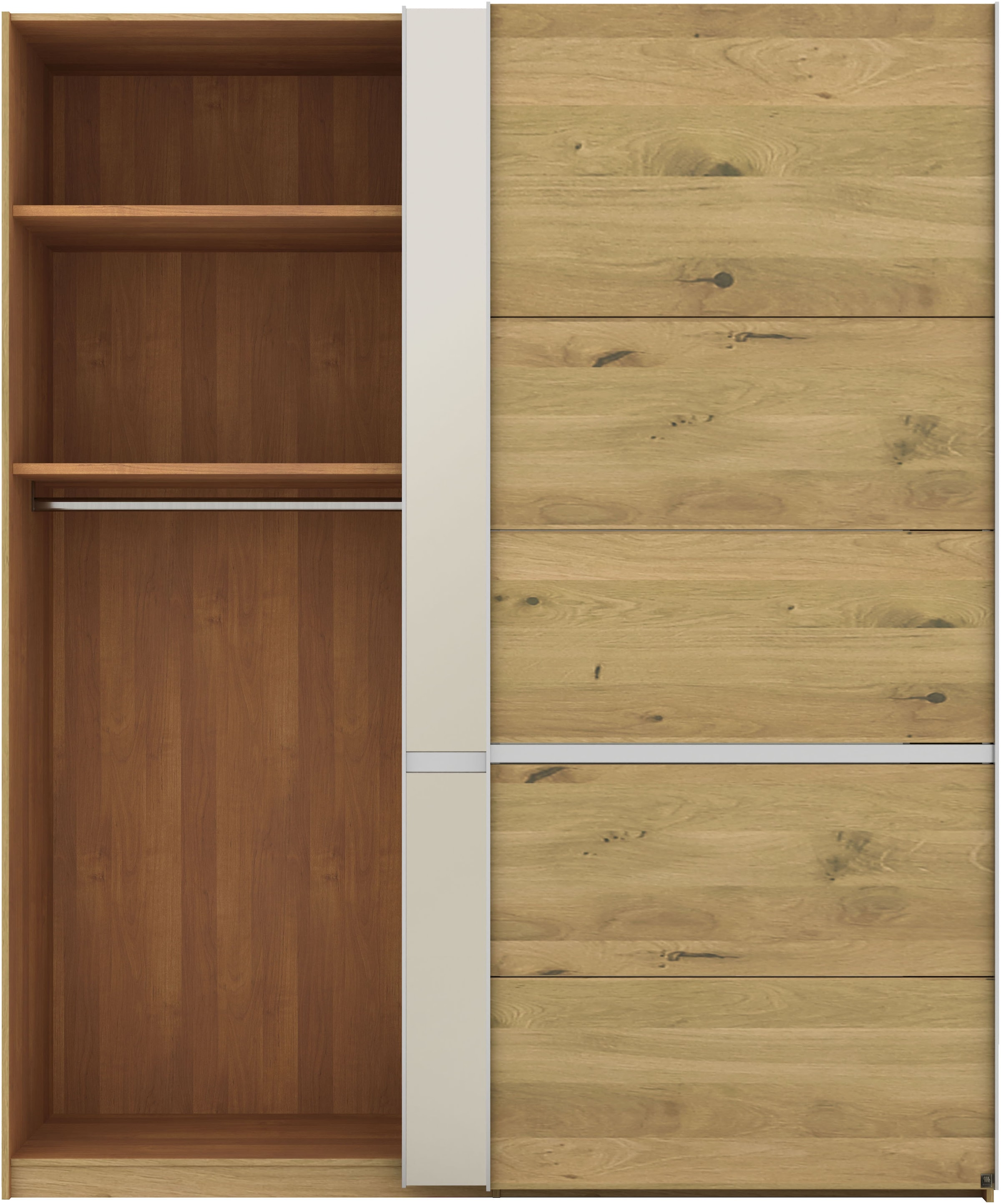 Musterring Schwebetürenschrank »Savona, Kleiderschrank, Schrank, Garderobe, mit Schiebetüren«, (Teilmassiv Bianco-Eiche, mit Spiegel oder Glas, MADE IN GERMANY), Türen Bianco-Eiche massiv, Spiegel-/Glastüren, eingelegte Chromleiste