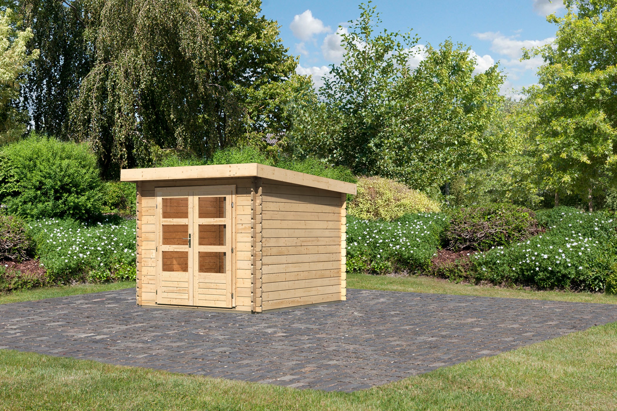 Karibu Gartenhaus »Schloßsee 4«, terragrau oder natur, 28 mm Wandstärke