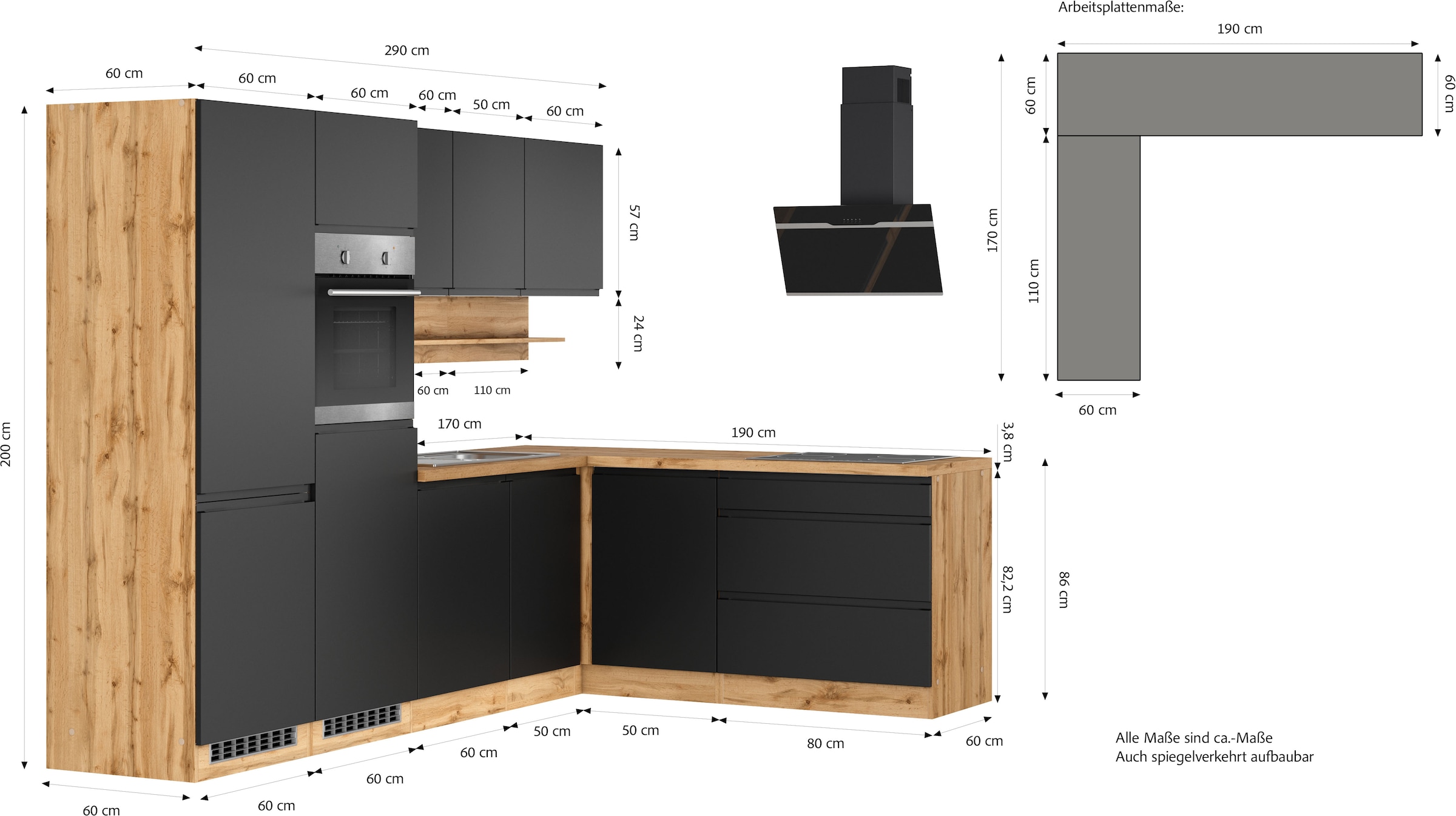 KOCHSTATION Winkelküche »KS-Virginia,neu in verbesserter Ausführung« Arbeitsplatte 38 mm stark, Stauraum, Softclose,  Stellbreite 290/180 cm, Soft-Close, ohne E-Geräte