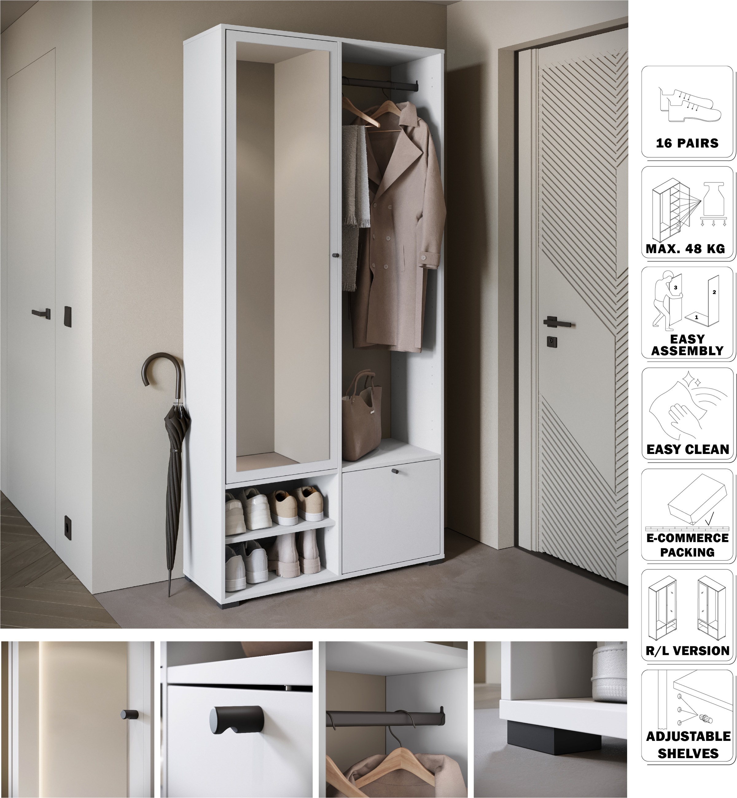 INOSIGN Garderobenschrank »DINO Kompaktgarderobe, Garderoben-Set DINO«, Mit Spiegel und Kleiderstange, 90 cm breit, Türanschlag wechselbar