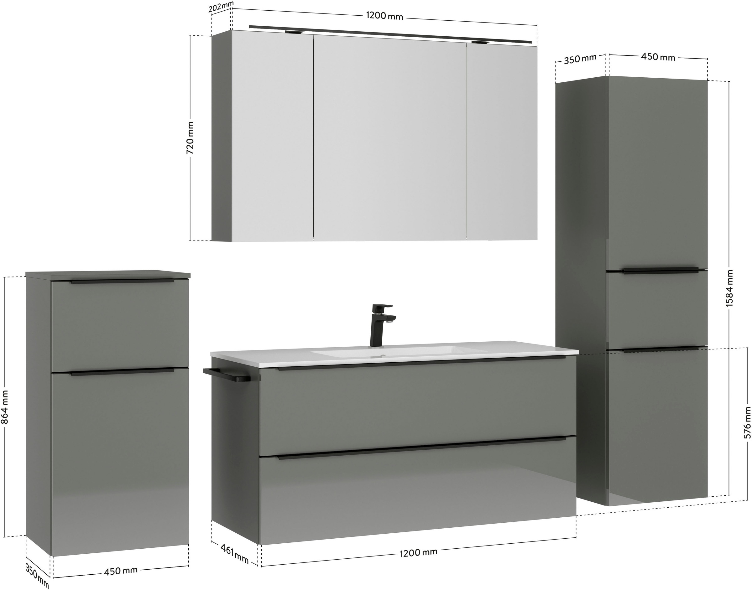 nobilia® Badmöbel-Set »Levere«, (4 St., vormontiert, mit Soft-Close), inkl. Spiegelschrank mit Beleuchtung und Dimmerfunktion, in 4 Breiten