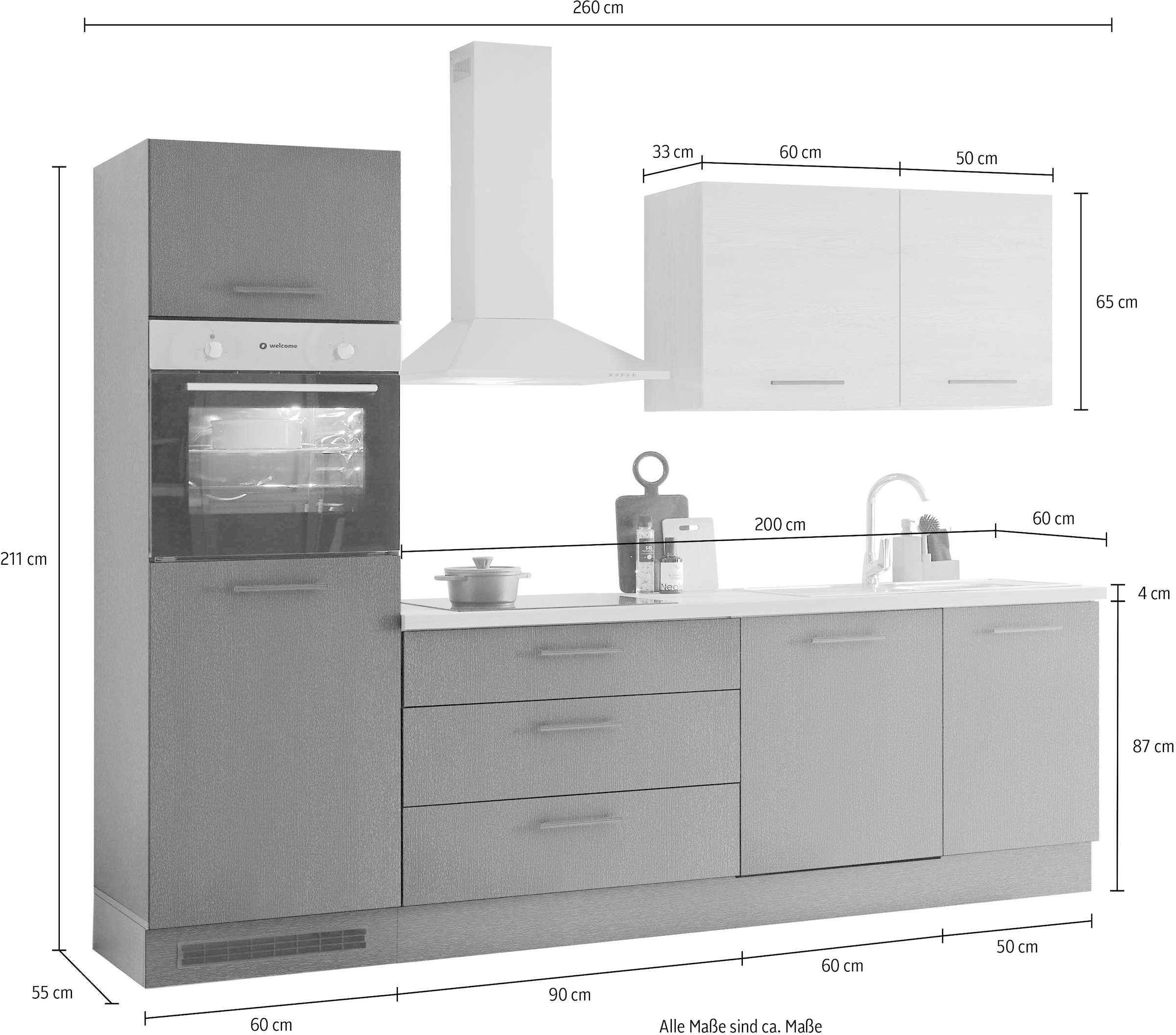 KOCHSTATION Küchenzeile »KS-Malfi«, Breite 260cm, wahlweise mit E-Geräten, Arbeitsplatte 38mm Stärke