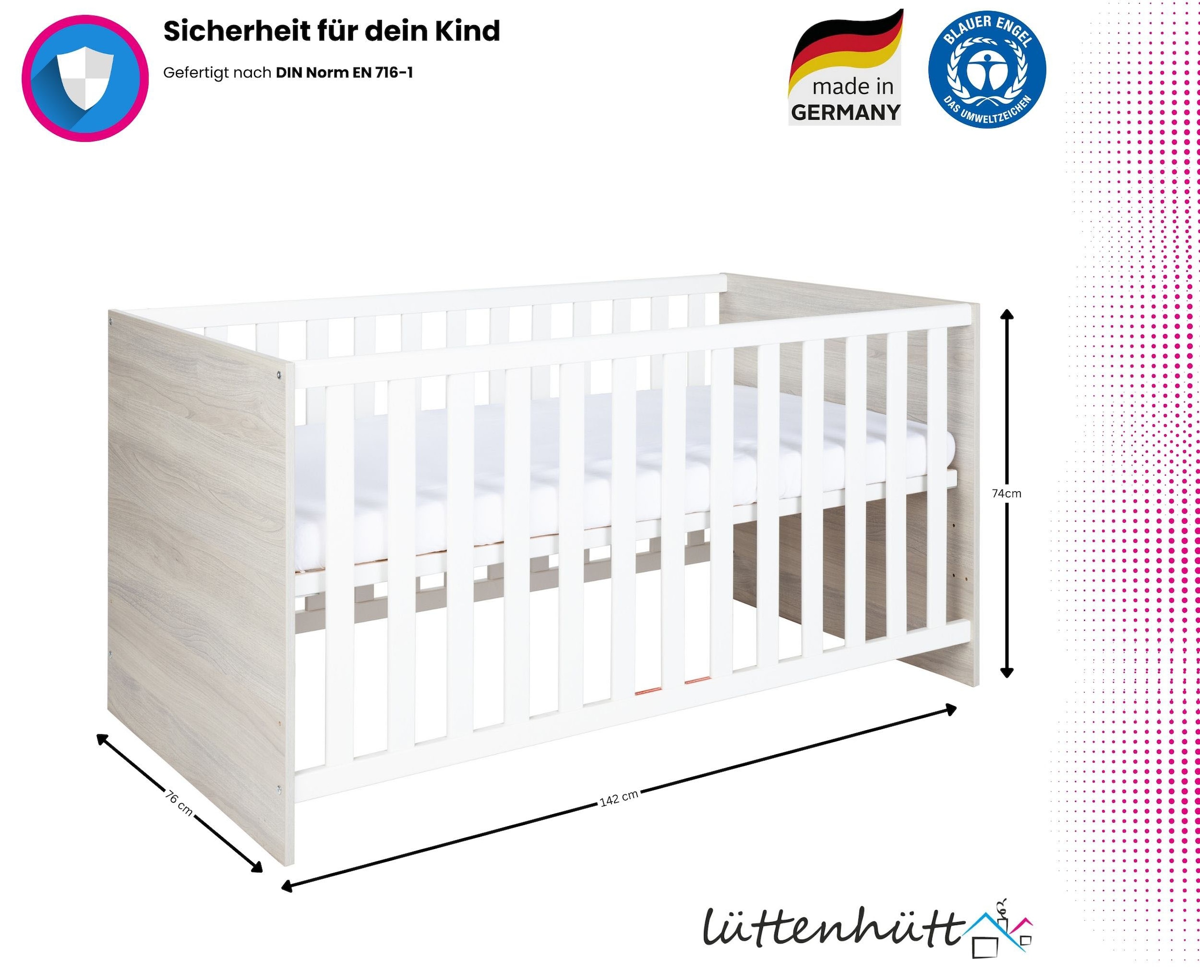 Lüttenhütt Babyzimmer-Komplettset »Geert«, (Set, 4 tlg., Kinderbett, Regal, Schrank, Wickelkommode), Made in Germany; mit Kinderbett, Regal, Schrank und Wickelkommode