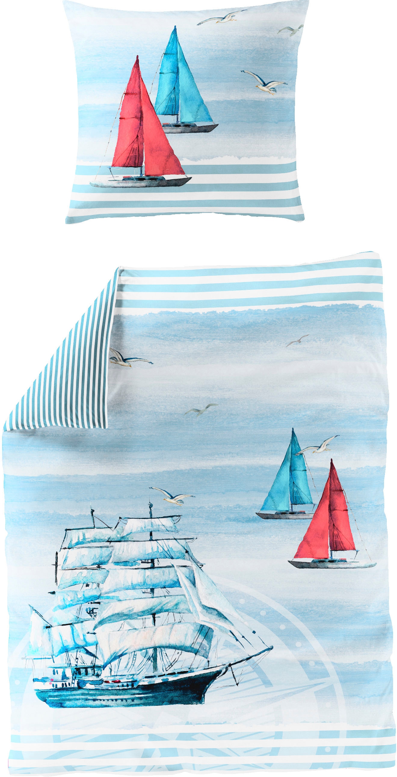 BIERBAUM Wendebettwäsche »5227«, Mako-Satin, 100 % Baumwolle, pflegeleicht, mit Segelschiff