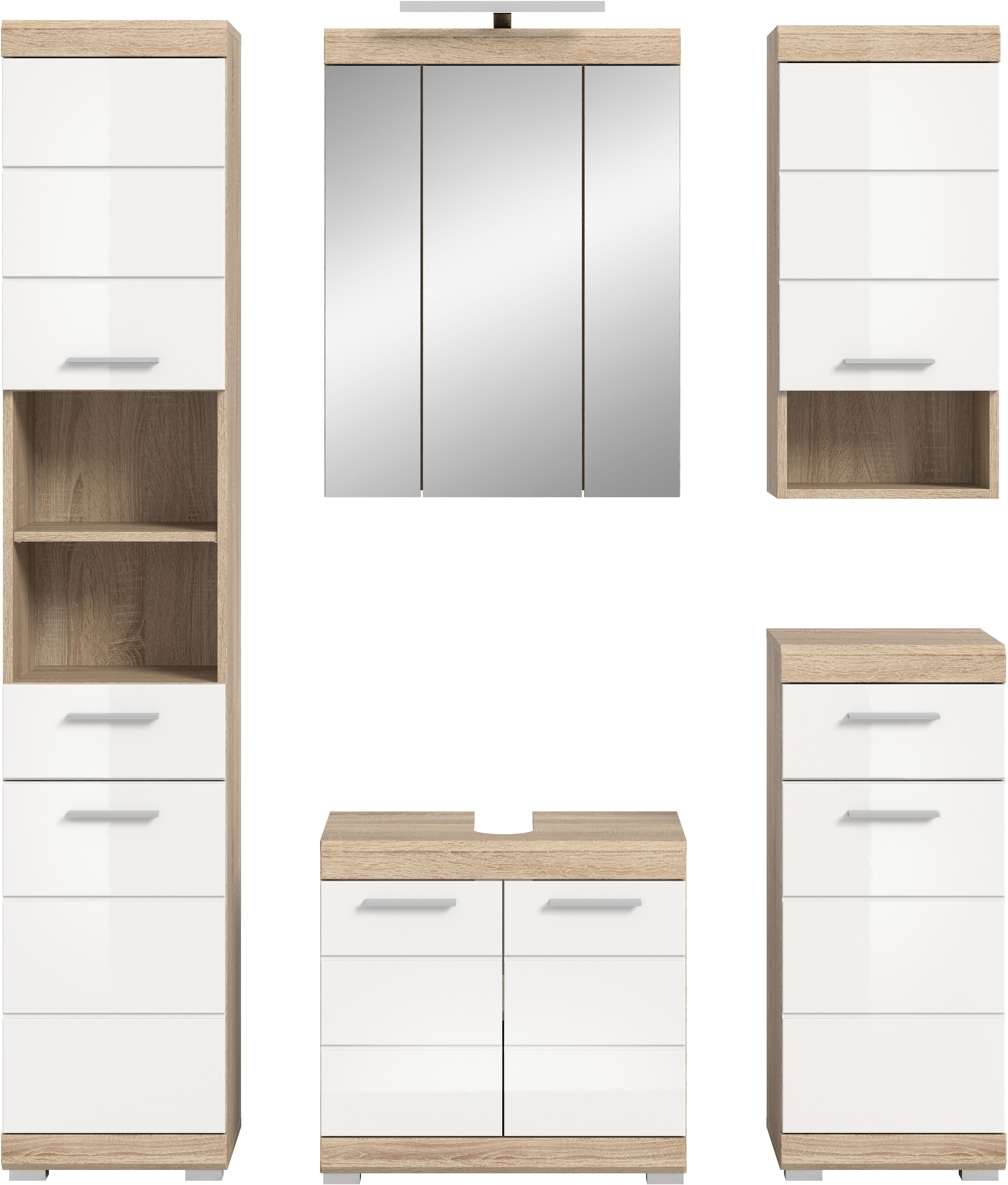 INOSIGN Badmöbel-Set »Siena, 5 teilig, inklusive LED Beleuchtung, bestehend aus:«, (Set), Hochschrank, WBU, Spiegelschrank, Unterschrank, Hängeschrank