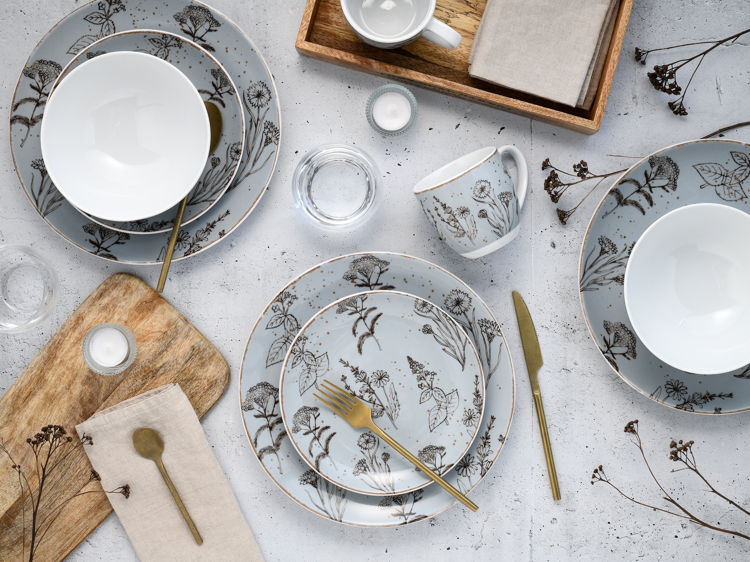 CreaTable Kombiservice »Geschirr-Set Vintage Flowers«, (Set, 16 tlg., Kaffeeservice und Tafelservice im Set, für 4 Personen), Service, Dekor mit Blüten und Gräsern, 16 Teile, für 4 Personen
