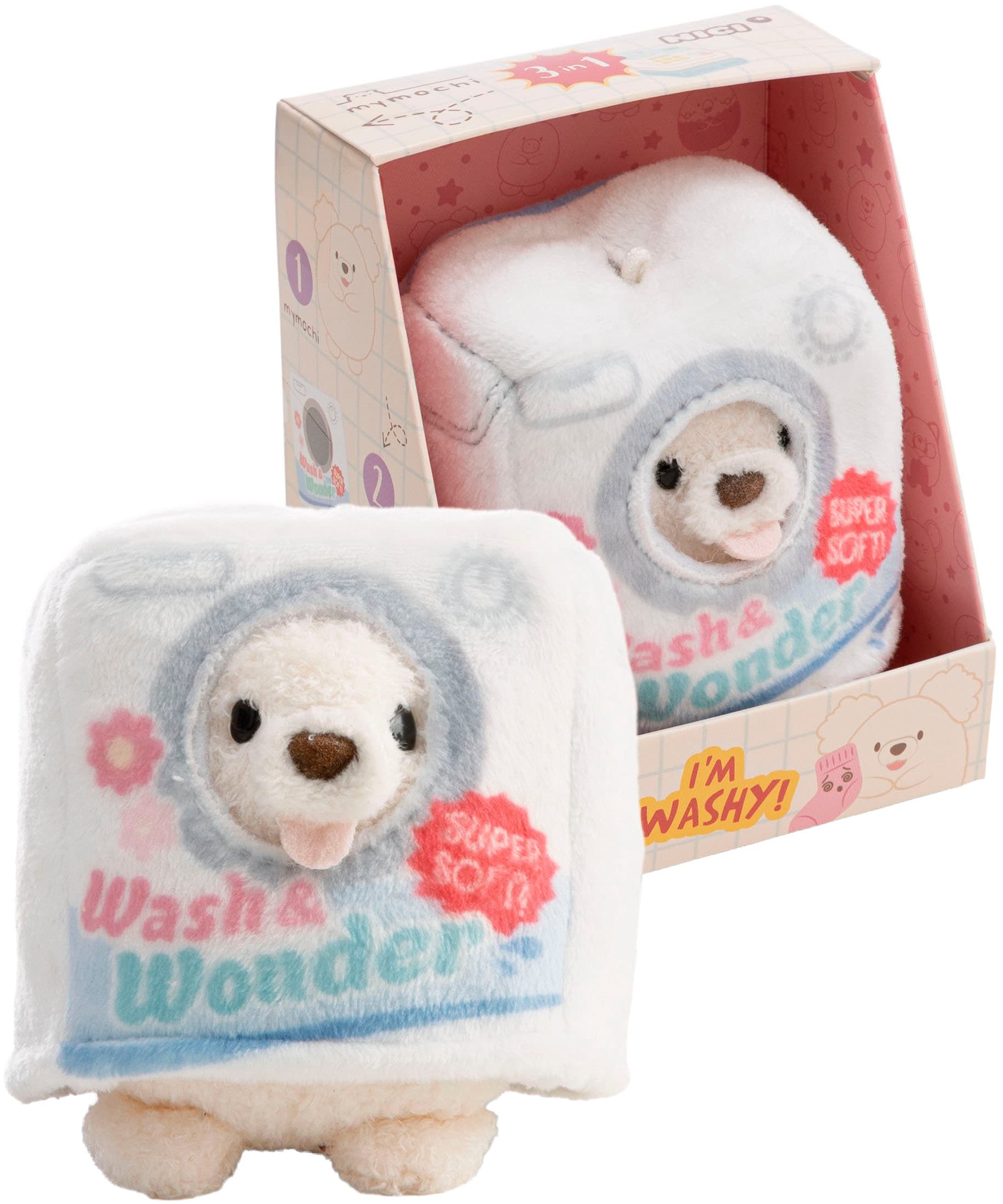 Nici Kuscheltier »mymochi, Set Hund Washy 8cm mit Socke & Waschmittelbox Kostüm« in Geschenkbox