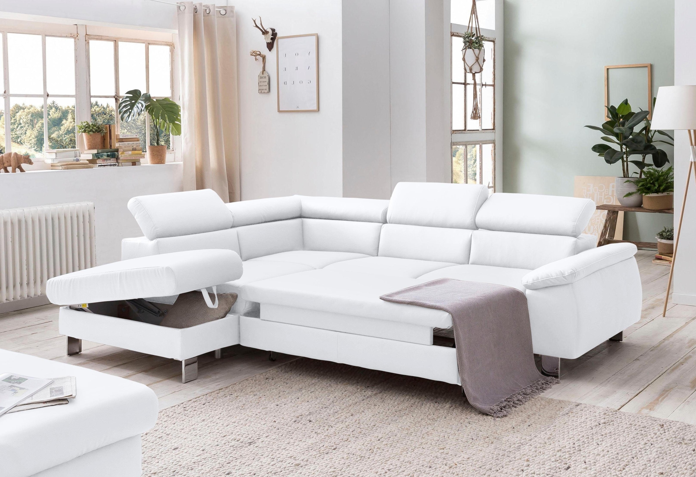 COTTA Ecksofa »Komaris L-Form mit Kopfteilverstellung«, wahlweise mit Bettfunktion, Bettkasten & Beleuchtung
