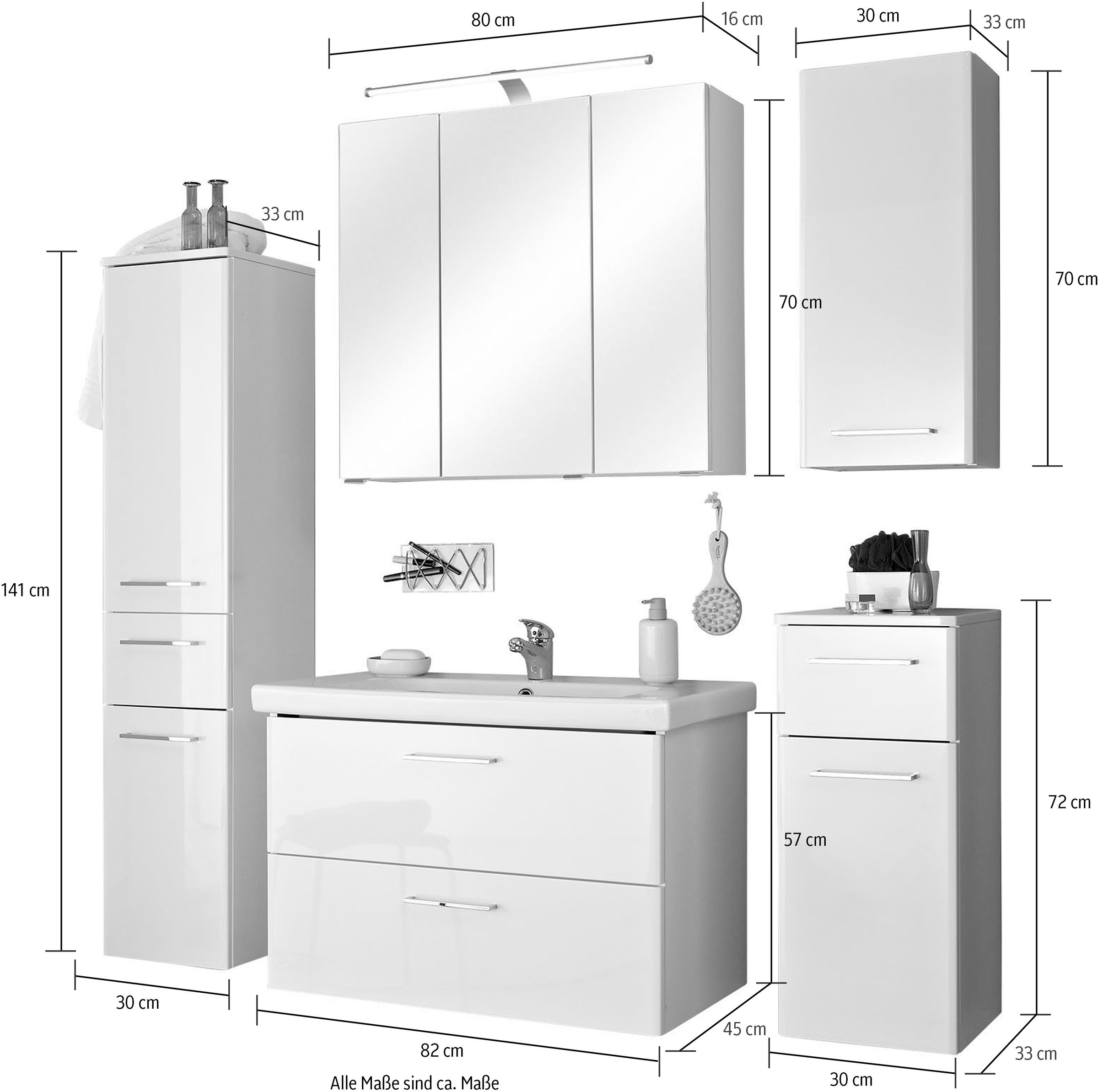 Saphir Badmöbel-Set »Quickset 316 5-teilig, inkl. Keramik-Waschtisch und LED-Spiegelschrank«, (Set, 5 St.), mit Türdämpfern in Weiß Hochglanz, 7 Türen, 3 Schubladen, 1 Klappe
