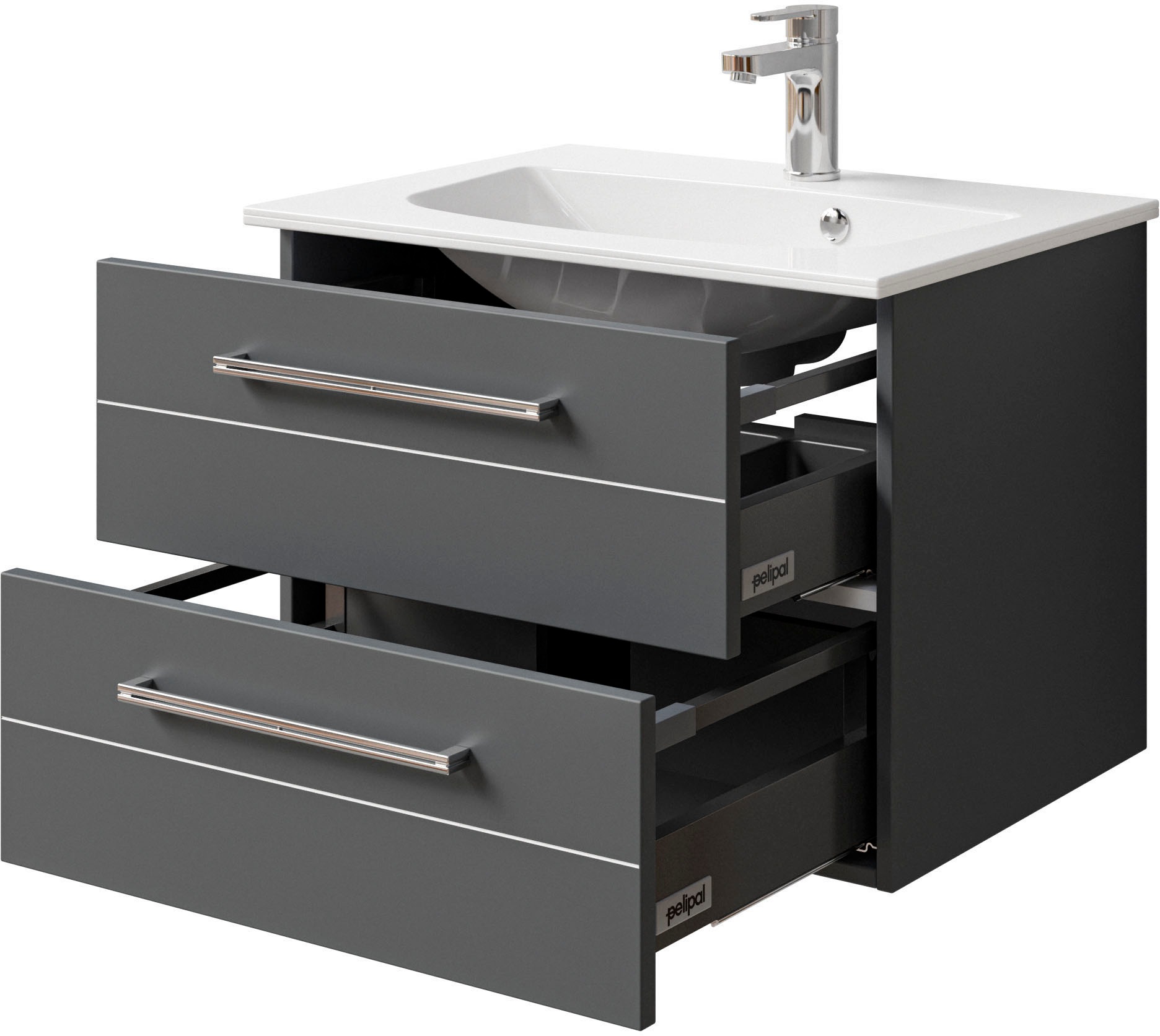 Saphir Badmöbel-Set »Serie 6025 2-teilig Mineralmarmor-Waschtisch mit LED-Spiegelschrank«, (2 St.), Waschplatz 67 cm breit, 2 Schubladen, 2 Spiegel-Türen, inkl Türdämpfer