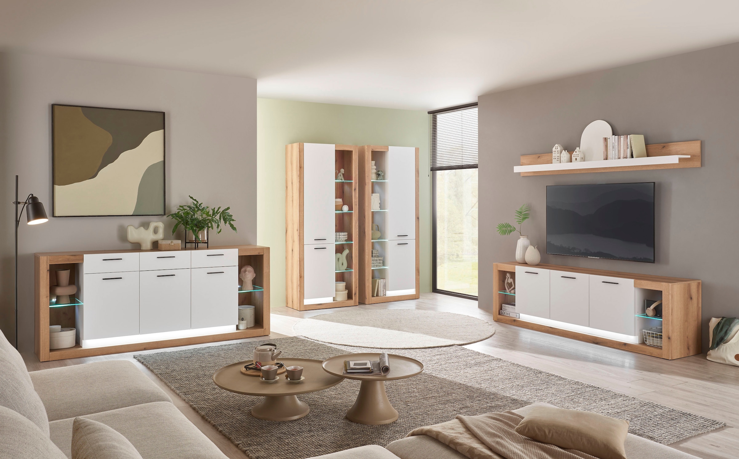 INOSIGN Wohnwand »Brixen, moderne Anbauwand, Wohnzimmer-Set, Eiche Evoke Dekor mit Weiß«, (Set, 2 St.), enthält Stauraumelemente