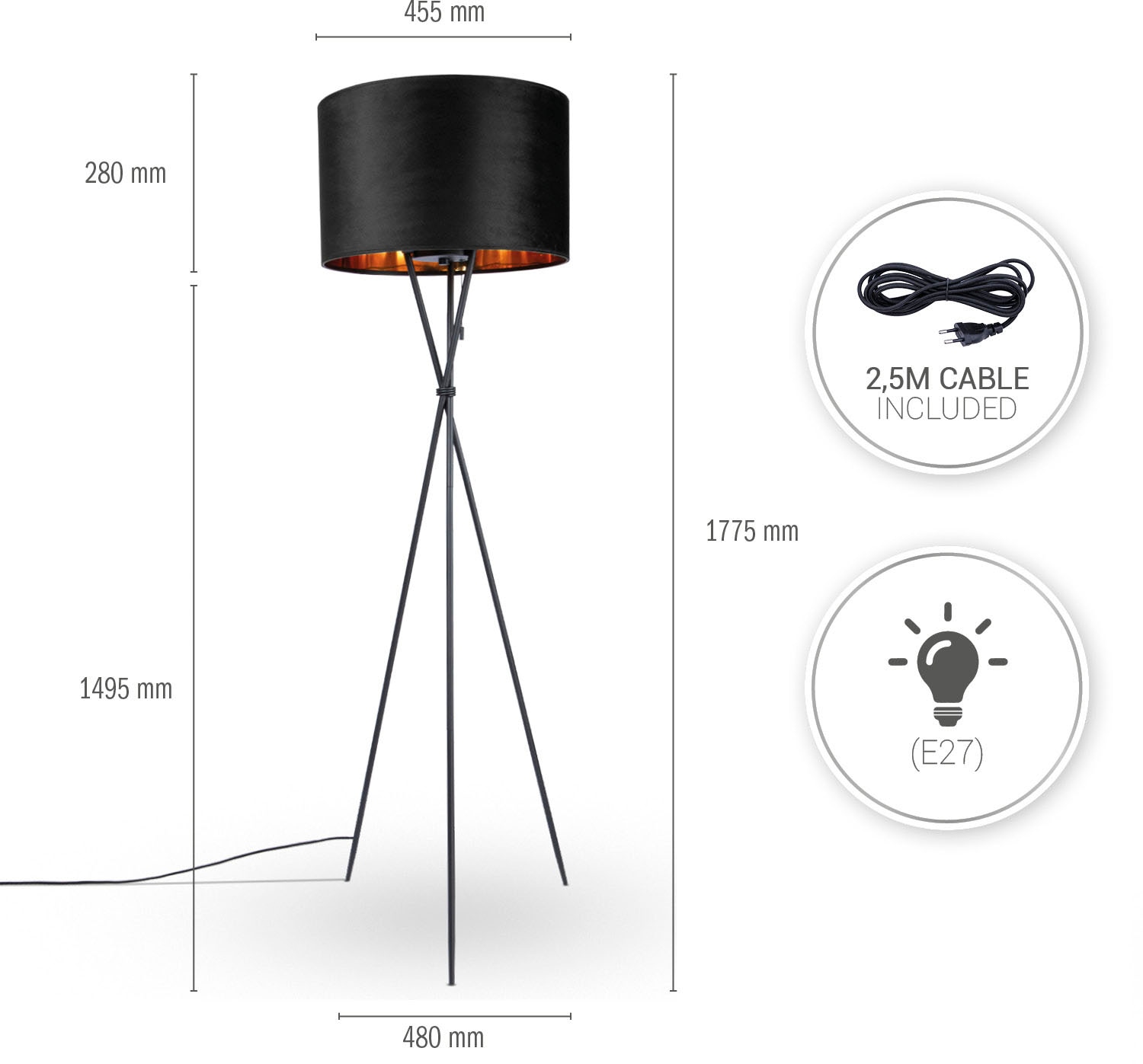 Paco Home Stehlampe »Kate uni Color«, Leuchtmittel E27 | ohne Leuchtmittel, Wohnzimmer Dreibein Standleuchte Velour Höhe 177,5cm Filigran E27
