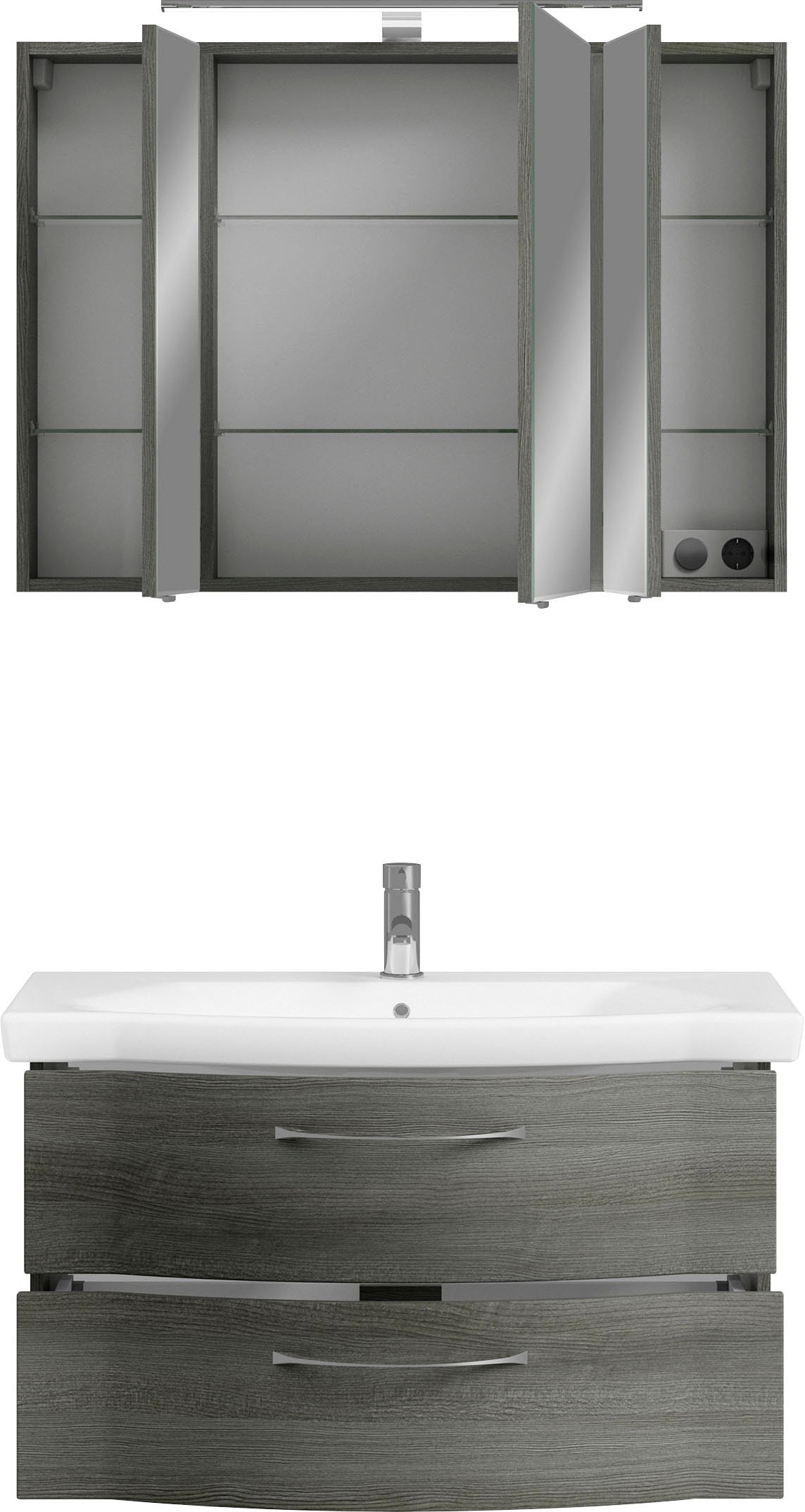 Saphir Badmöbel-Set »6005 Sprint 2-teilig, Keramik-Waschtisch mit LED-Spiegelschrank«, (2 St.), Waschplatz 98 cm breit, inkl. Türdämpfer, 3 Türen, 2 Schubladen