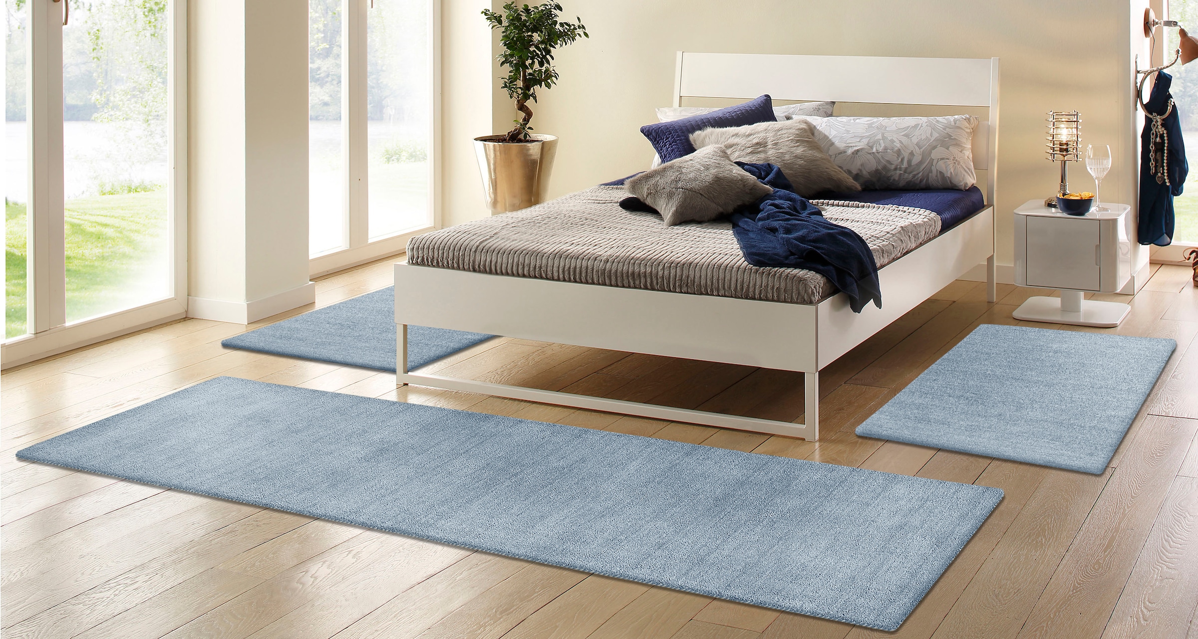 THEKO Bettumrandung »Gabbeh Uni, Handweb Teppich, meliert, reine Wolle« Höhe 14 mm 3 Stk. tlg. Bettvorleger, Uni-Farben, handgewebt, Läufer-Set, Schlafzimmer