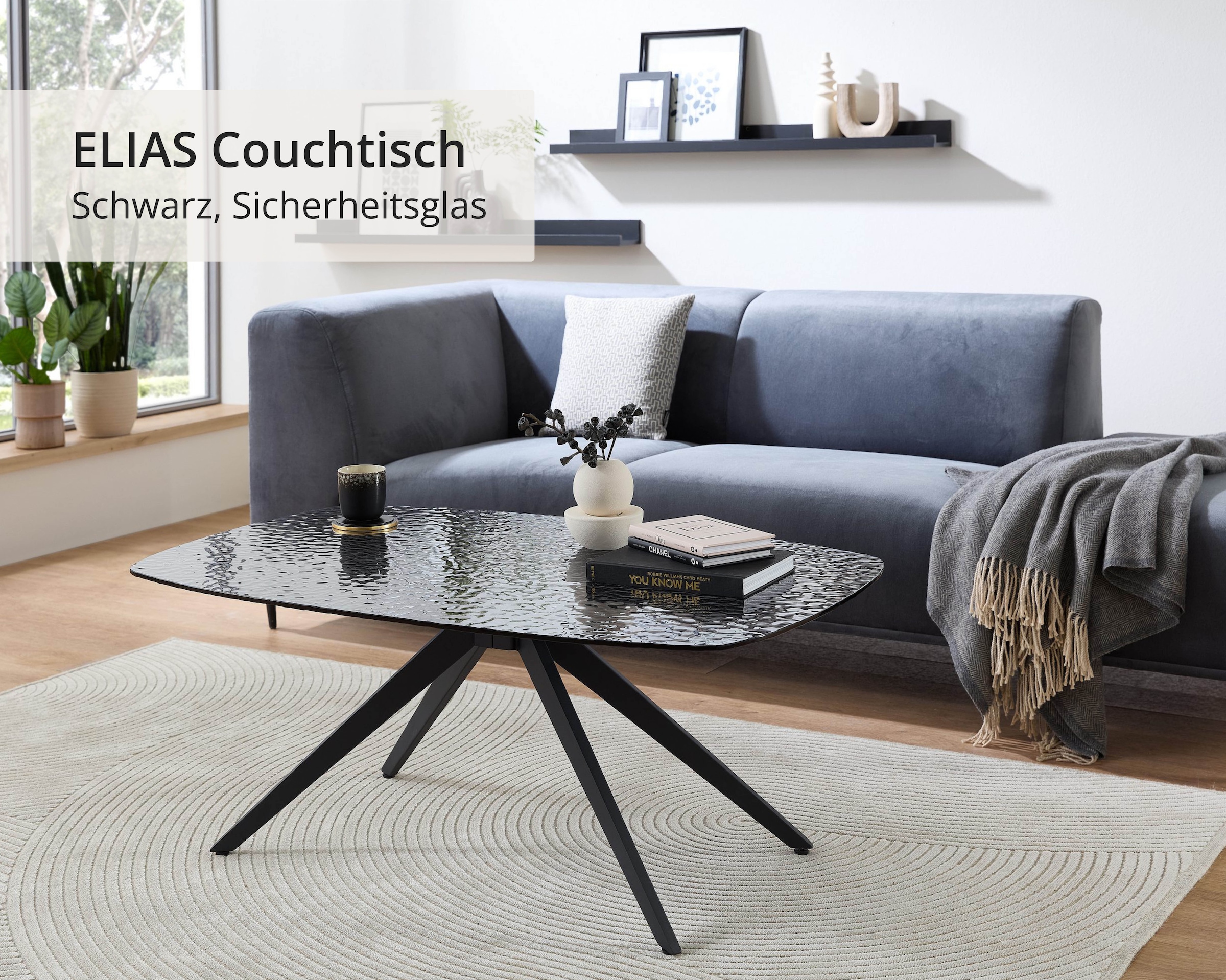Stolkom Couchtisch »Elias Glastisch schwarz, Wohnzimmertisch BxHxT 110x44x70 cm«, Sicherheitsglas Bruchsicher, Glasplatte Wasserwelle schwarz getönt
