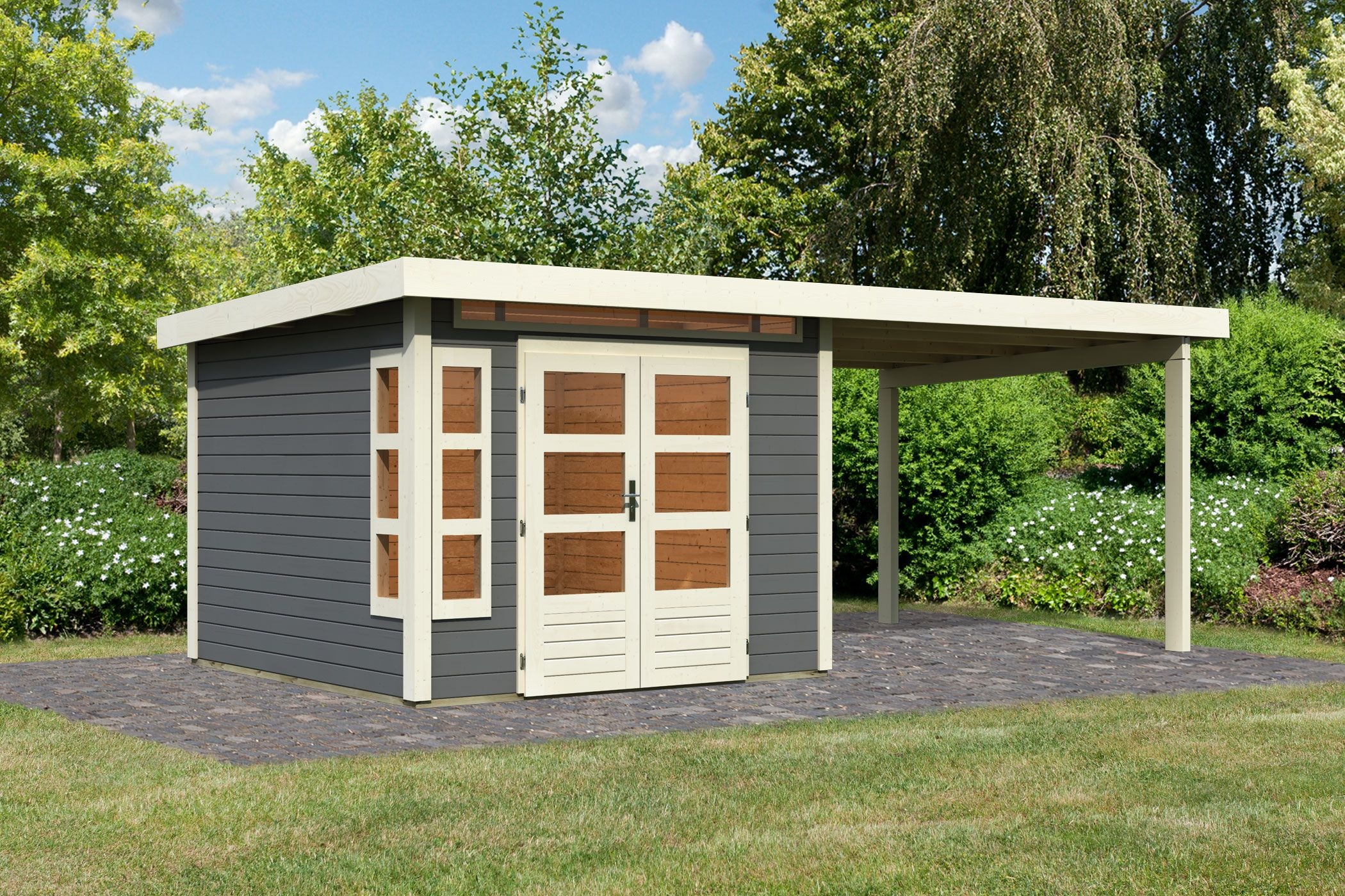 Karibu Gartenhaus »Kolimasee 6«, (Set), mit Anbaudach 3,2 m, terragrau