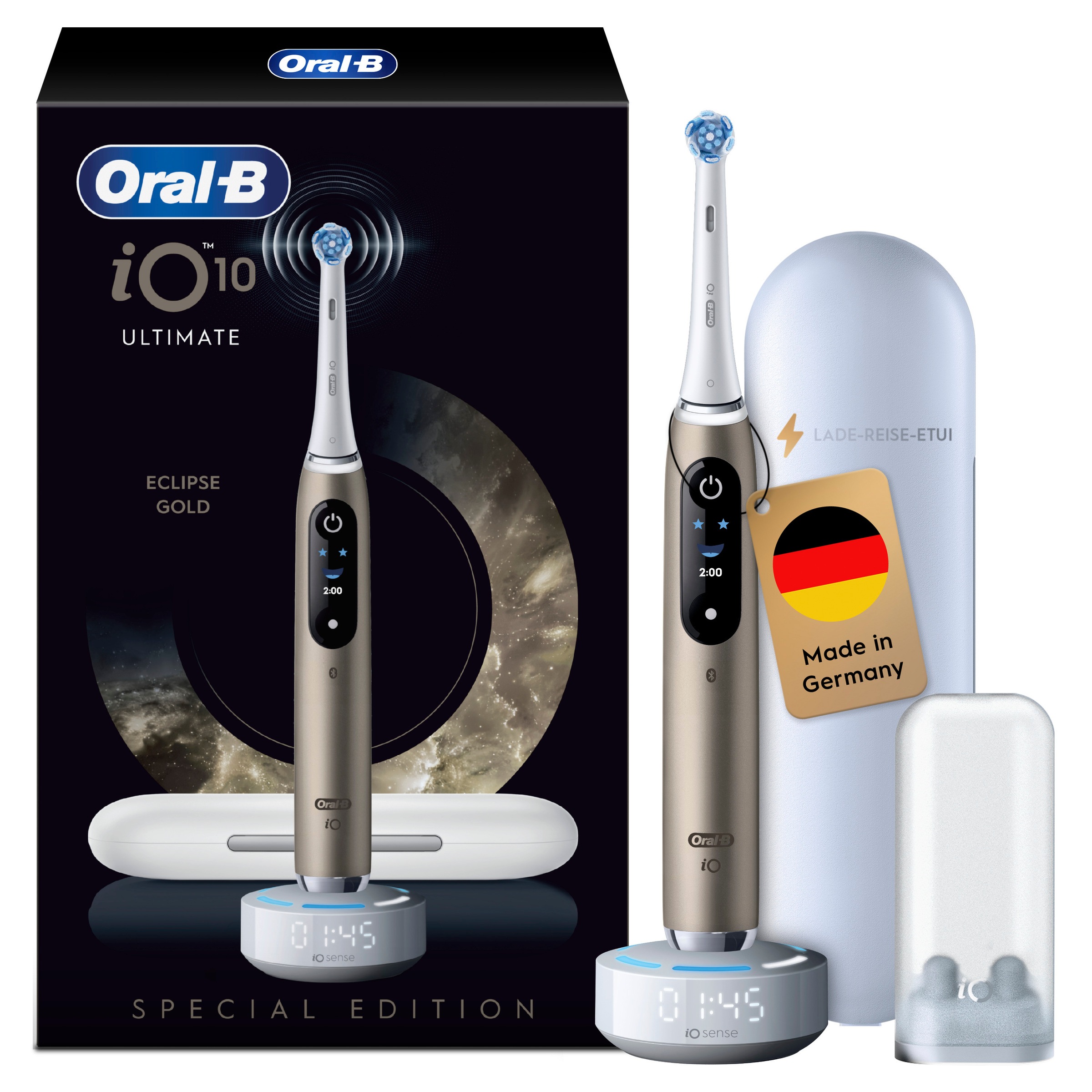 ORAL-B Elektrische Zahnbürste »iO Series 10« 1 Stk. Aufsteckbürsten inkl. 1 Aufsteckbürste, iO Sense Schnellladestation, Lade-Reise-Etui Gold-Weiß...