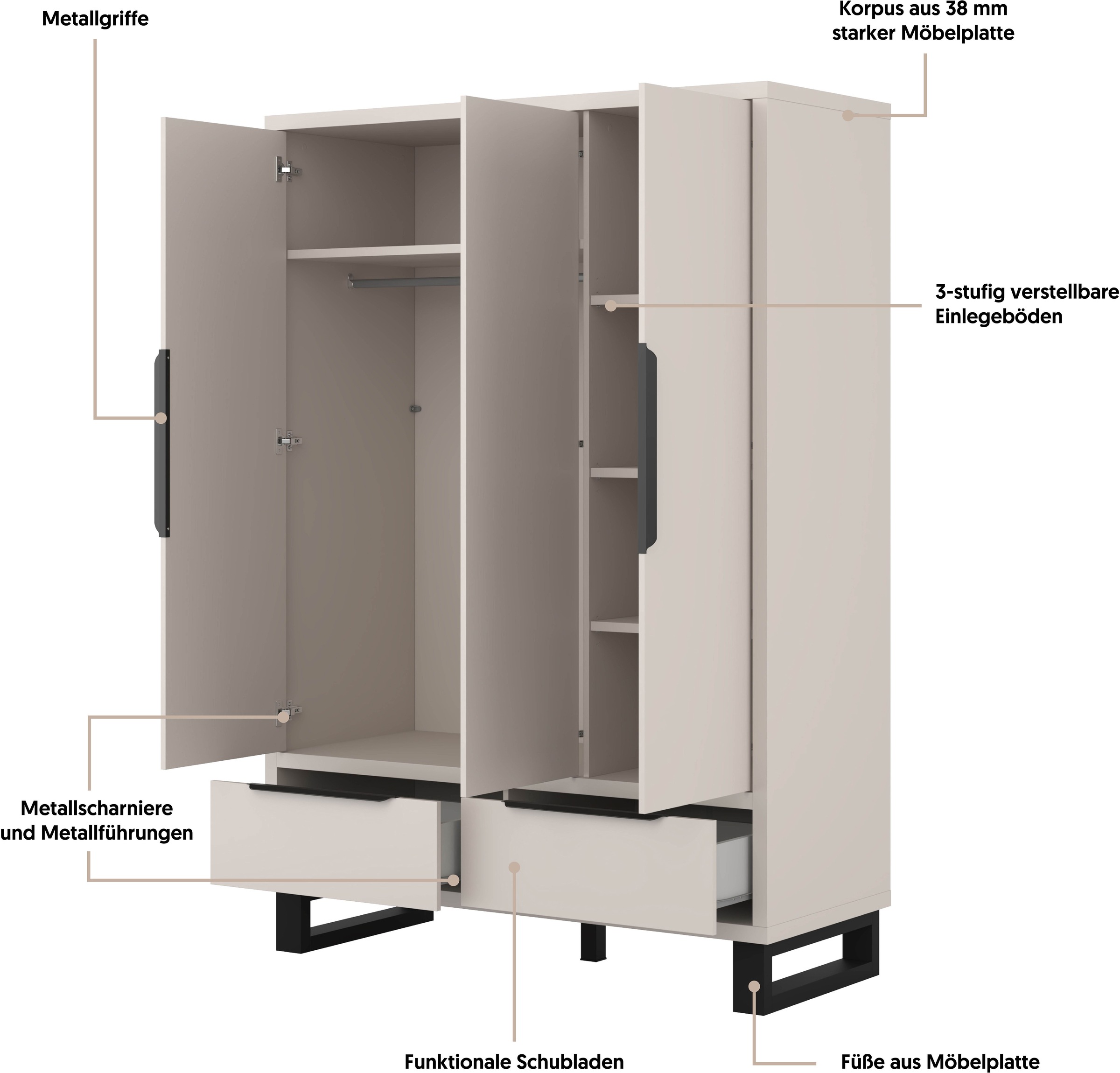 Home affaire Drehtürenschrank »Bronne,Breite 145 cm, Kleiderschrank inclusive Innenausstattung« Kleiderschrank, 2 Schubkästen, Metallgriffe, Garderobe