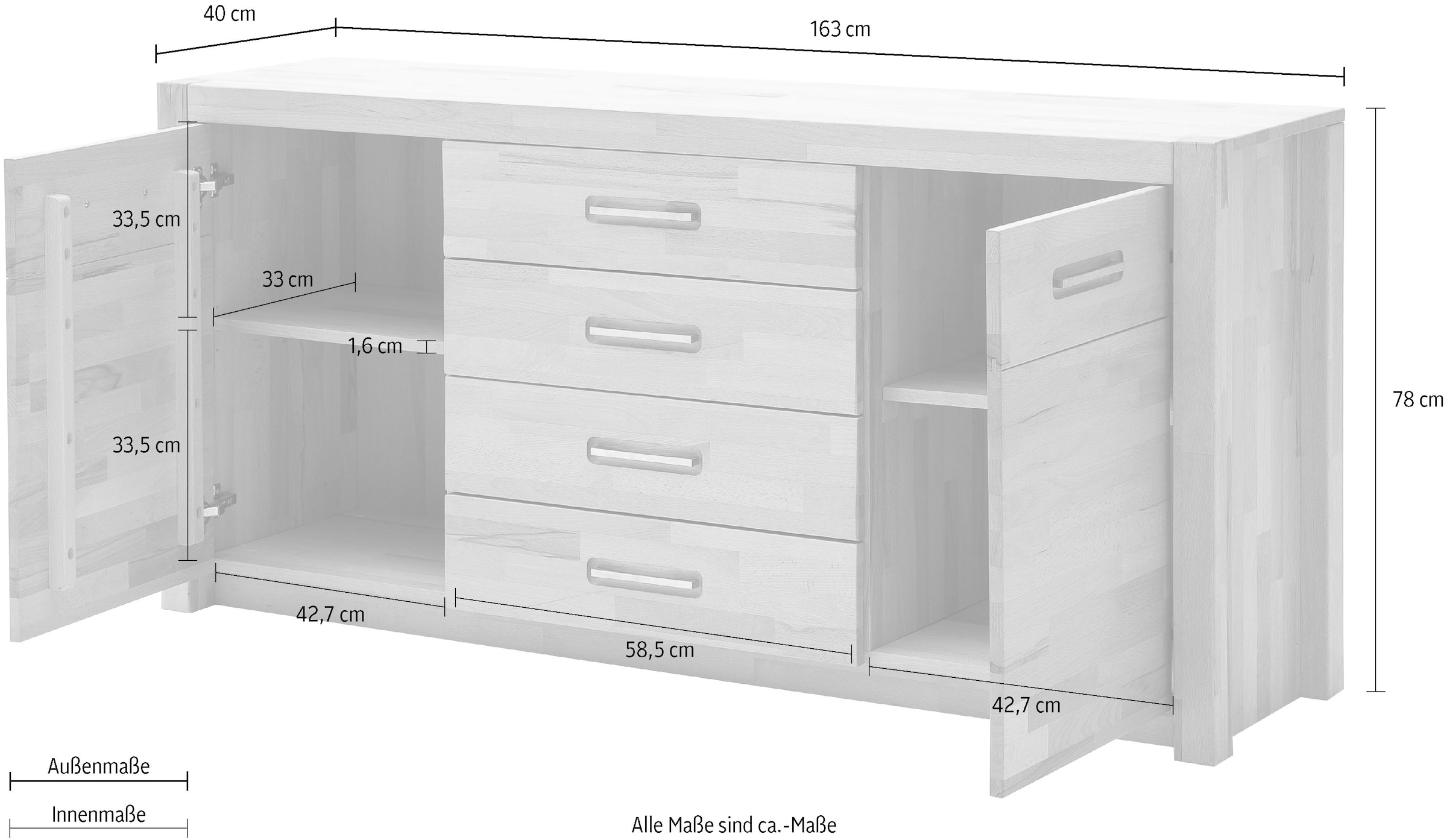 MCA living Sideboard »Fenja«, (1 St.), Massivholz, 4 Schubkästen, 2 Türen