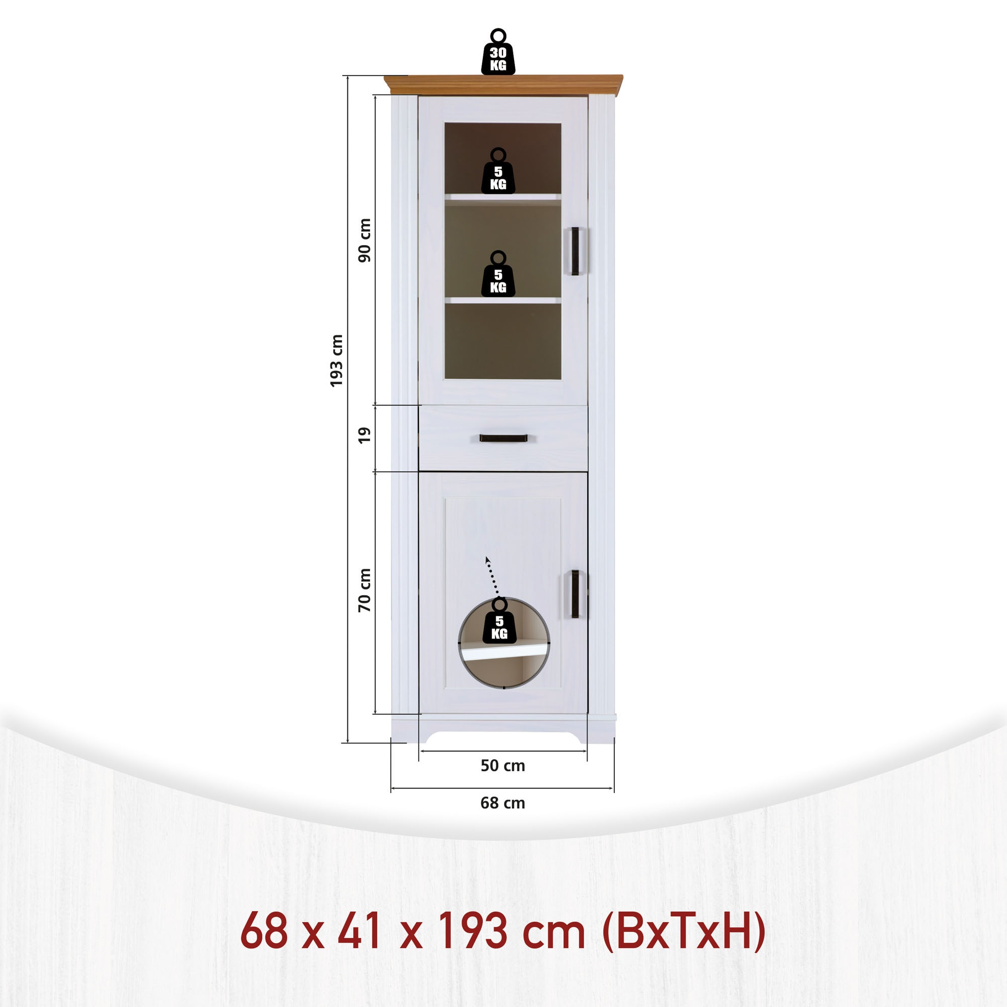 Inter Link Vitrine »Vitrine Maluno« 1 Stk. tlg. Kiefer Massiv, Soft-Close, Stauraum, BxTxH: ca. 68 x 41 x 193,1 cm