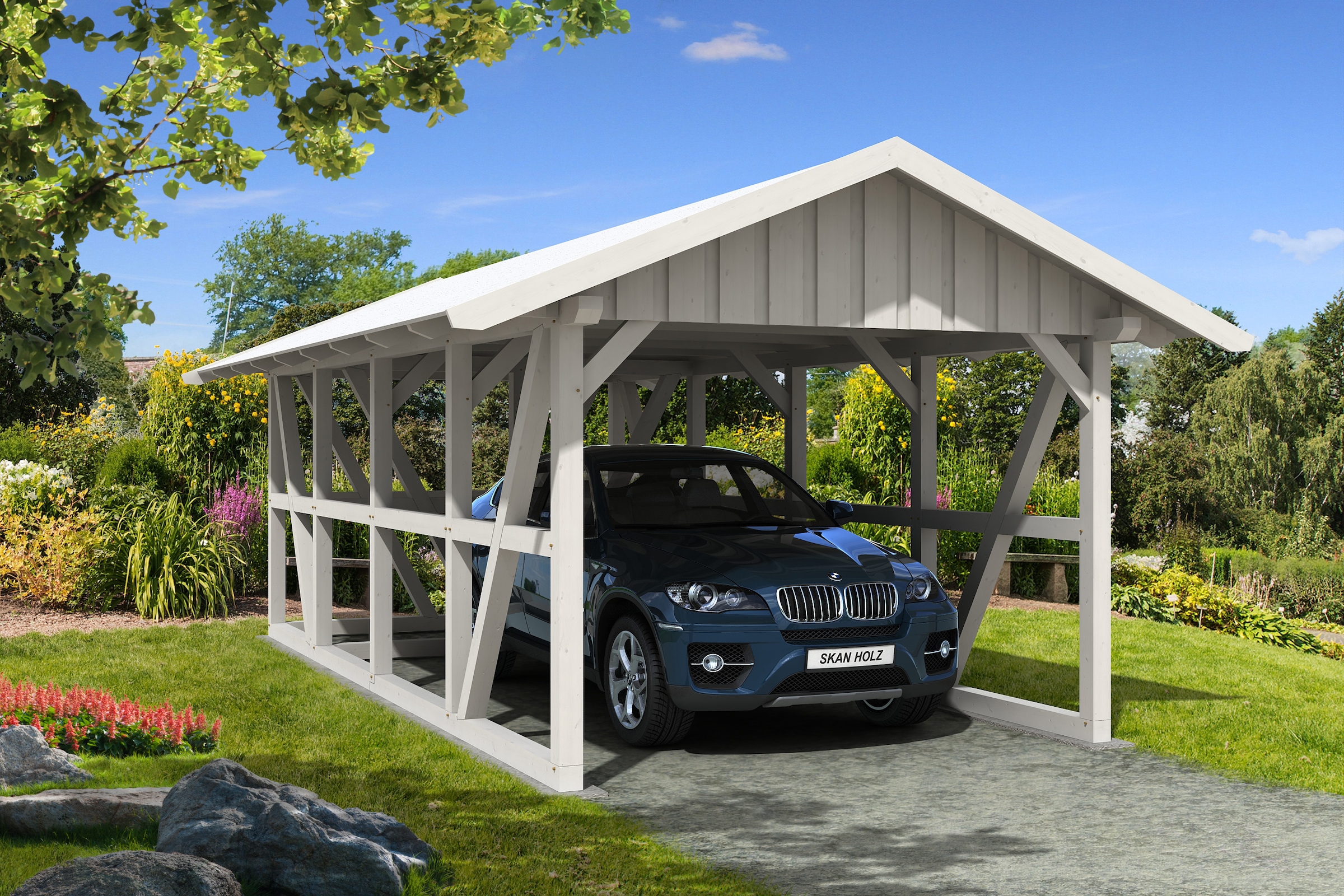 Skanholz Einzelcarport »Schwarzwald«, KVH-Fichte, 300 cm, Weiß, mit Abstellraum, mit Dachschalung