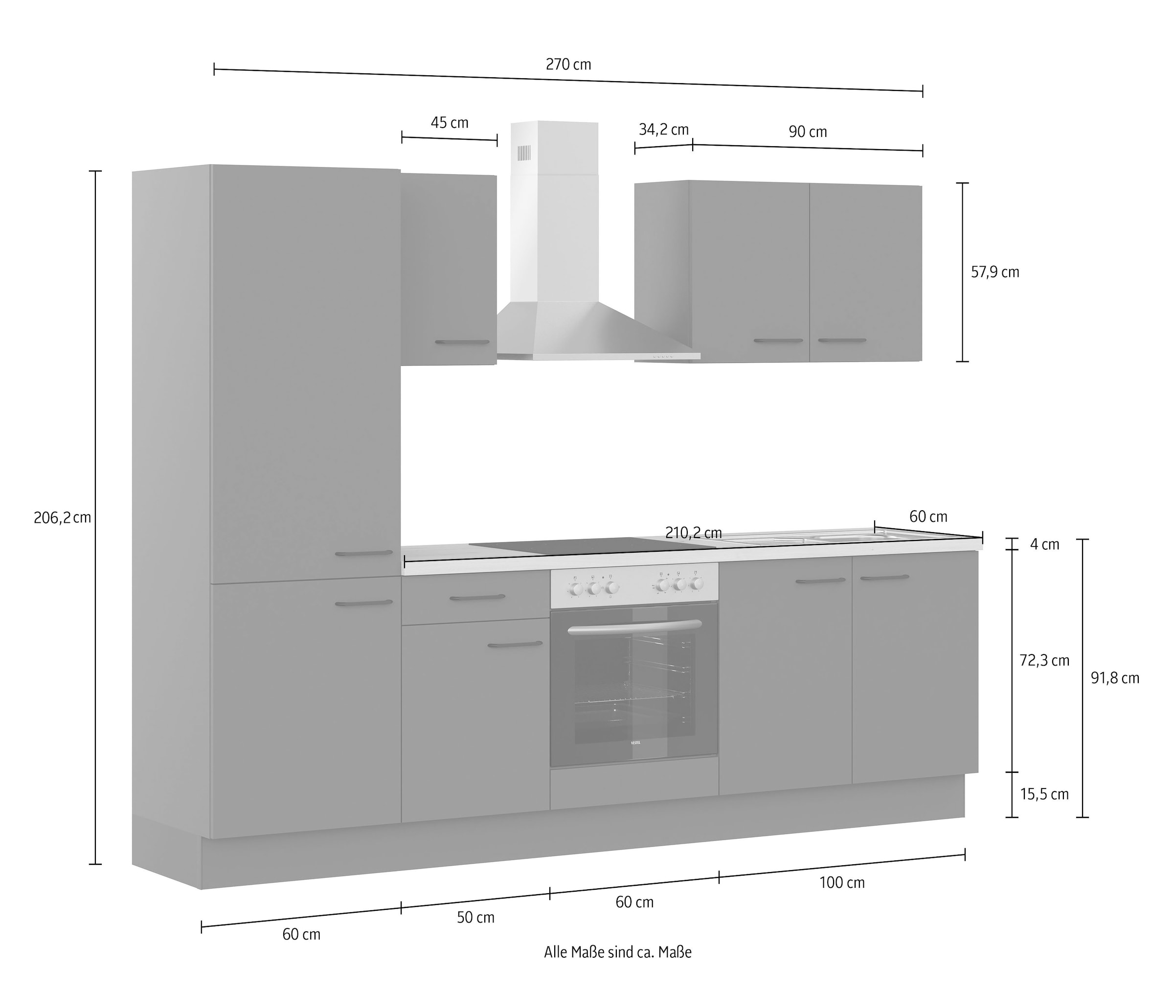IMPULS KÜCHEN Küchenzeile »"Tirana", Ausrichtung wählbar, Schubkästen mit Soft-Close«, vormontiert, wahlweise mit E-Geräten, mit Vollauszug, Breite 270 cm