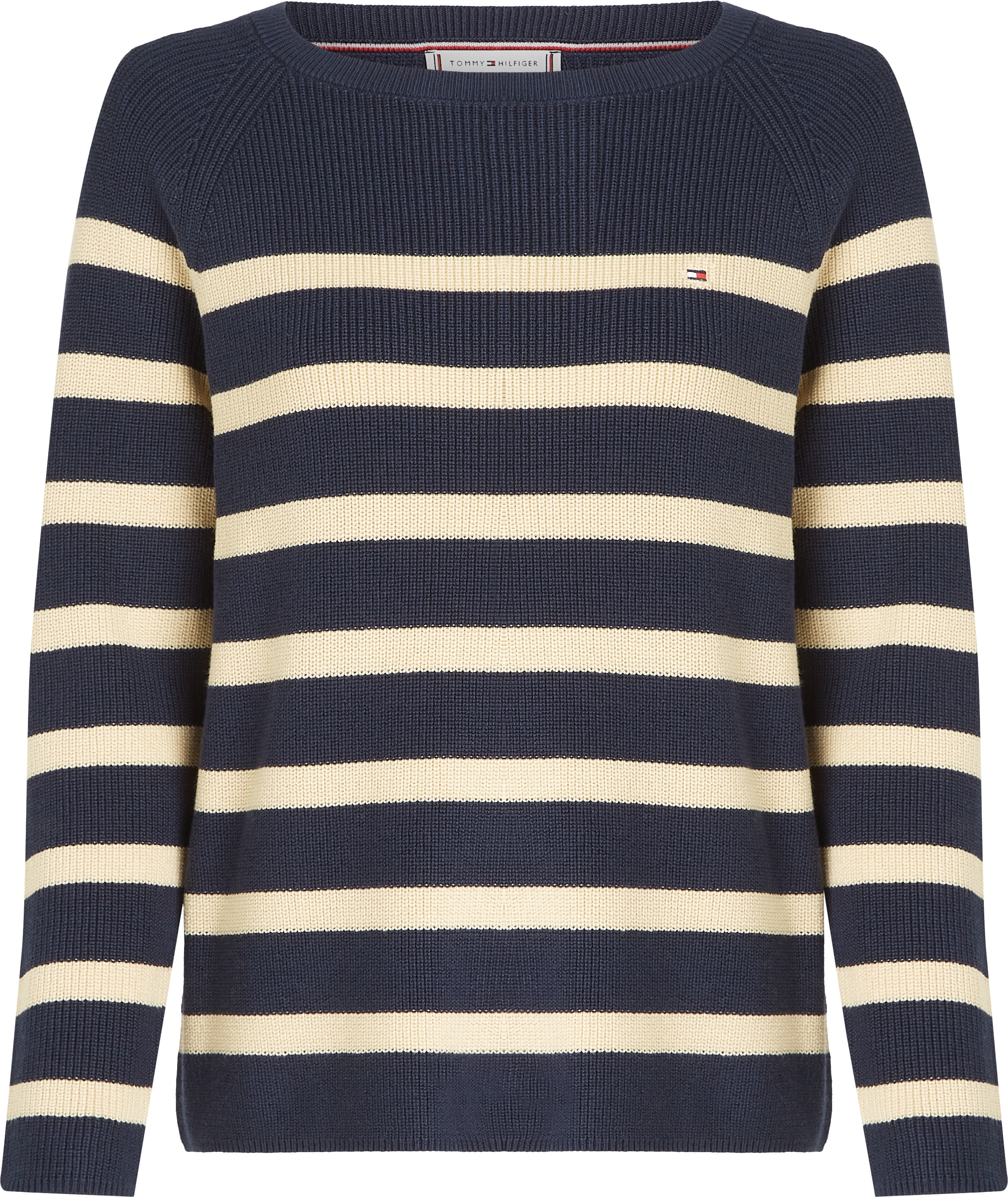 Tommy Hilfiger Strickpullover »CO CARDI FINE GG LS BOAT-NK SWT«, mit Raglanärmel, Logostickerei