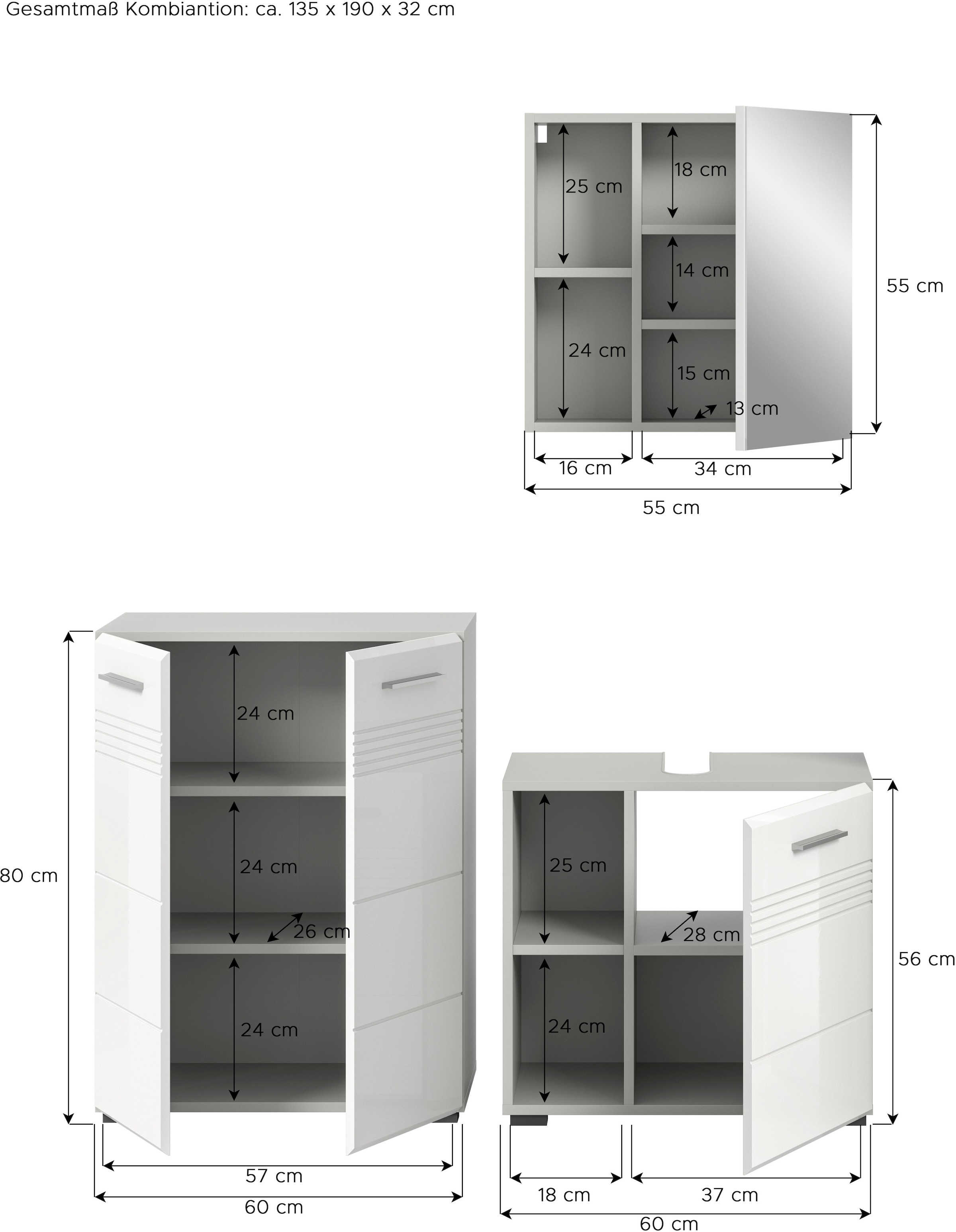welltime Badmöbel-Set »Calicio, bestehend aus: Midischrank, Waschbeckenunterschrank,«, (3 St.), Spiegelschrank, hochwertige MDF Front mit Rillenfräsung