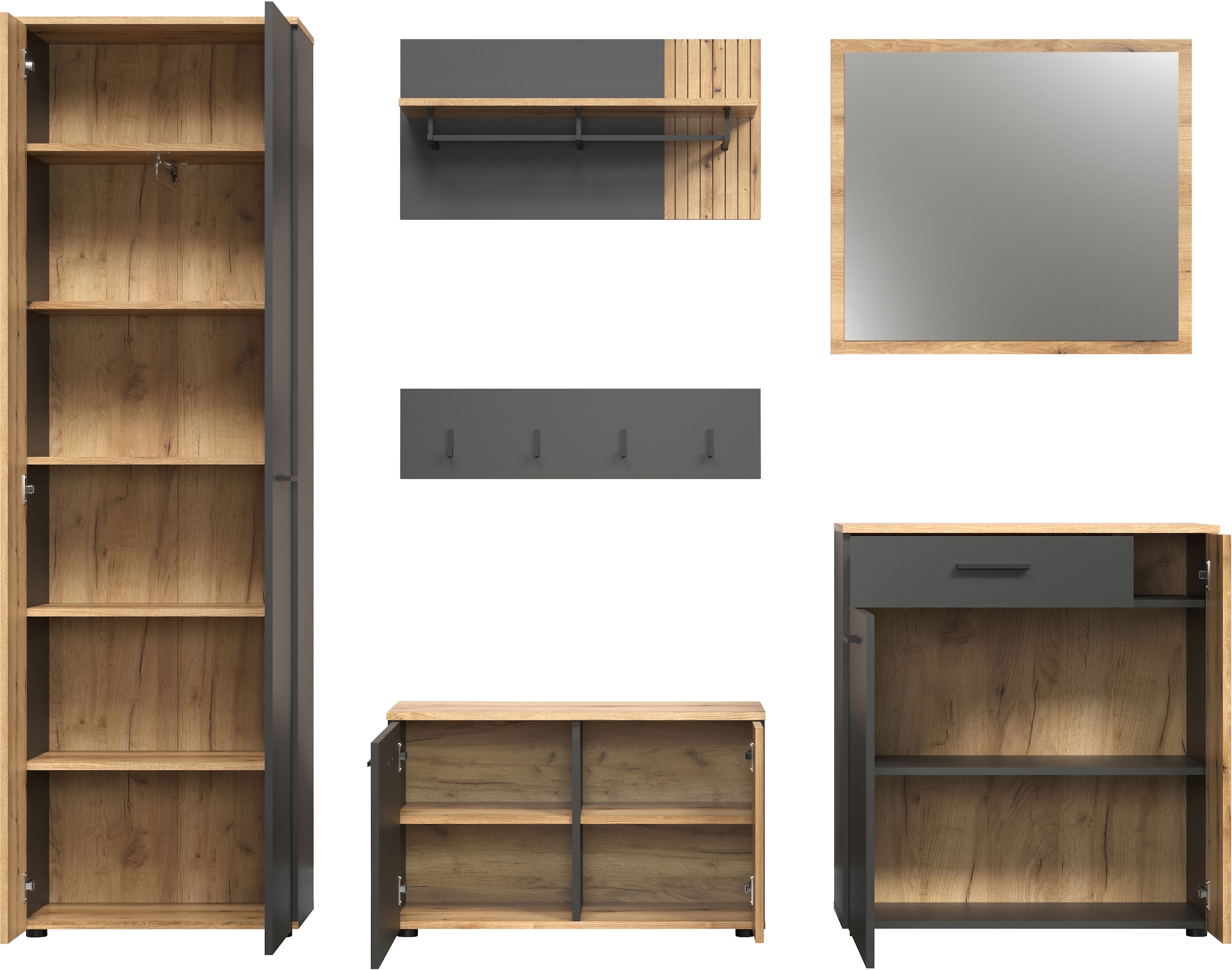 INOSIGN Garderoben-Set »Estepona«, (Komplett-Set, 6 St.), Garderobenmöbel mit Rillenoptik - Maße (B/T/H) 250/36/195 cm