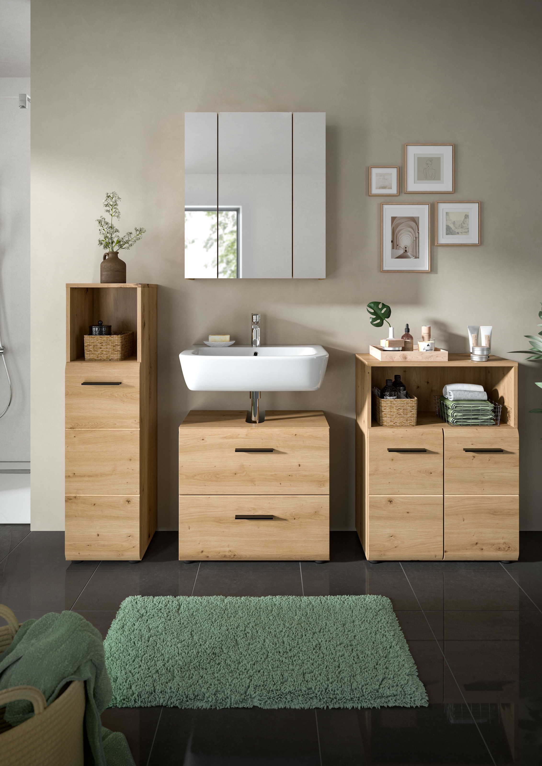 INOSIGN Badmöbel-Set »FLORENZ, TOPSELLER!, 4-teilige Badkombination, hochwertige MDF-Front«, (Set, 4 St., Midischrank hoch, WBU, Spiegelschrank, Midischrank breit), Florenz, Badkombination 4-tlg., Artisan Oak NB, Standschrank, WBU