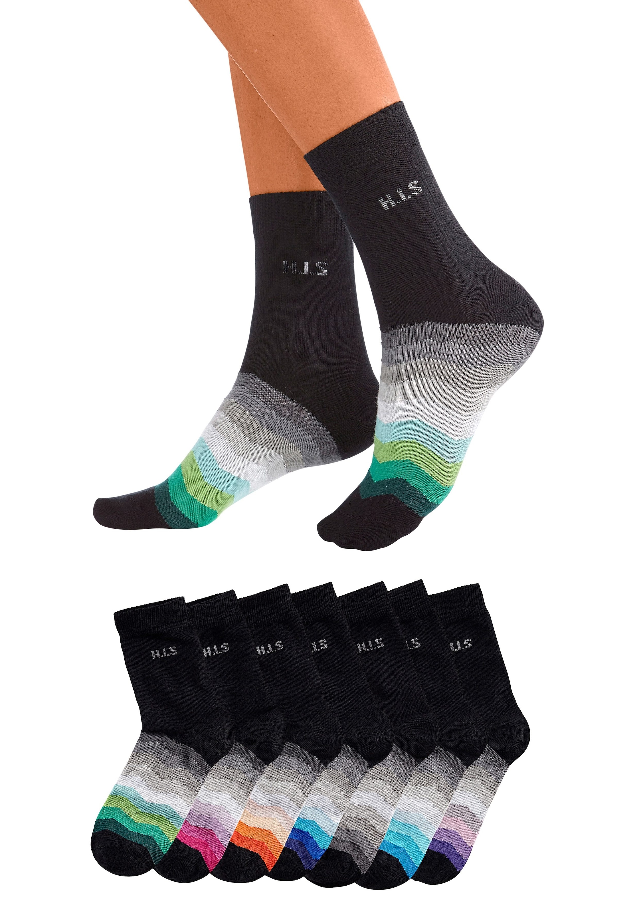 H.I.S Basicsocken, (Packung, 7 Paar), mit schwarzem Schaft