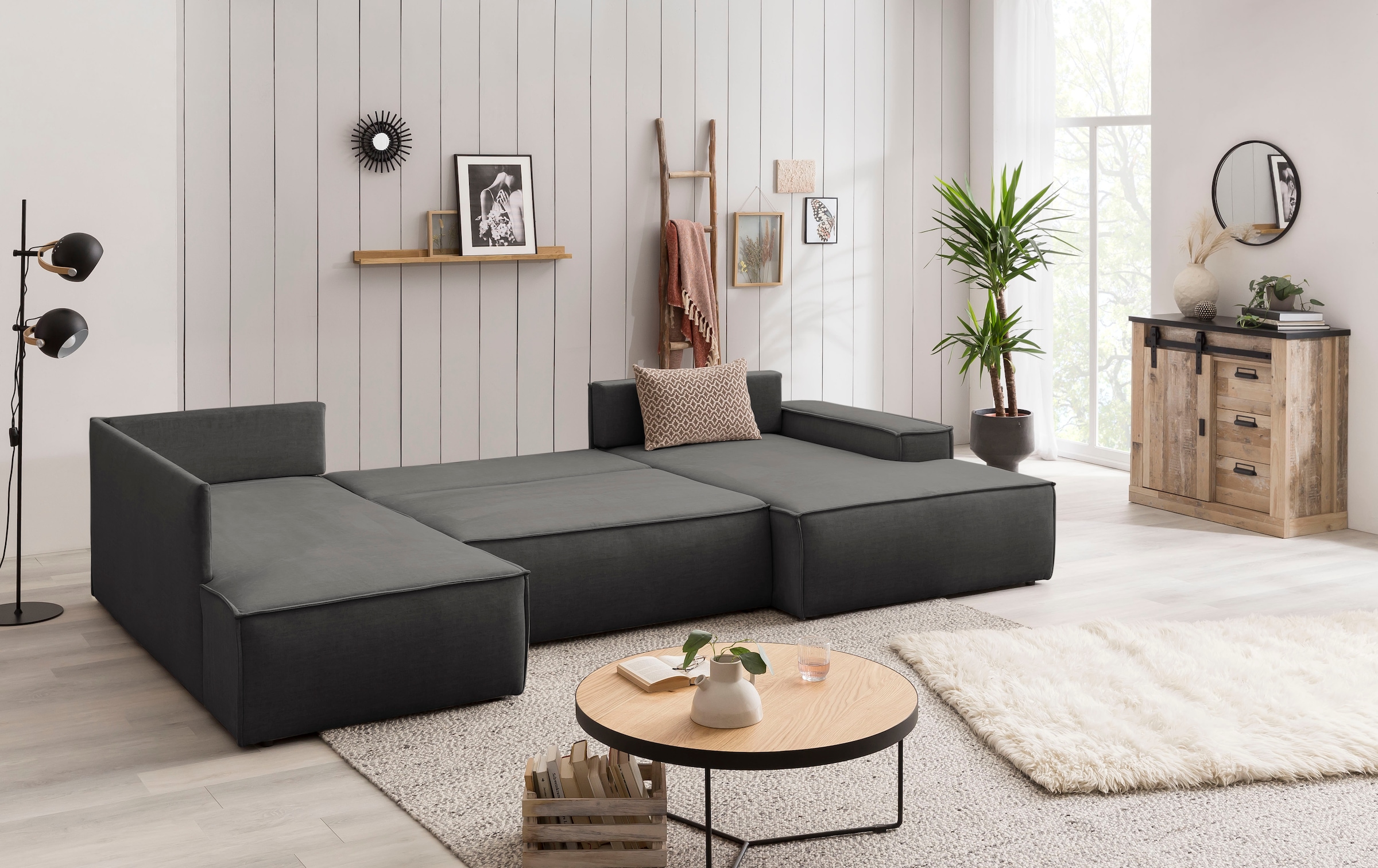 Home affaire Wohnlandschaft »SHERWOOD 329 cm, U-Form, Schlafsofa,«, Schlaffunktion m. Bettkasten (194x139 cm), Cord, Vintage, Samtvelours