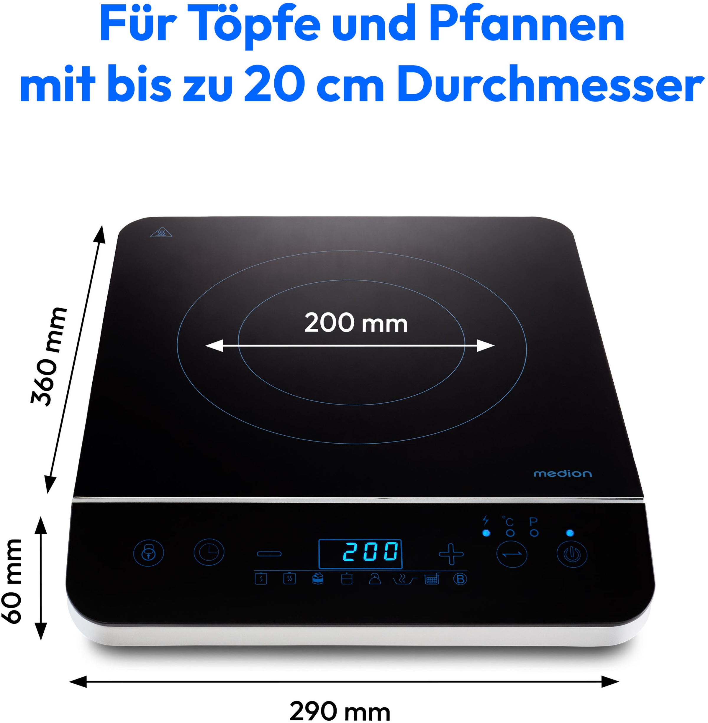 Medion® Einzel-Induktionskochplatte »MD 17595, 2000 W Induktionsleistung, automatische Topferkennung, Timer«, Temperaturbereich 60 - 240°, Sensor-Touch-Display, 10 Leistungsstufen