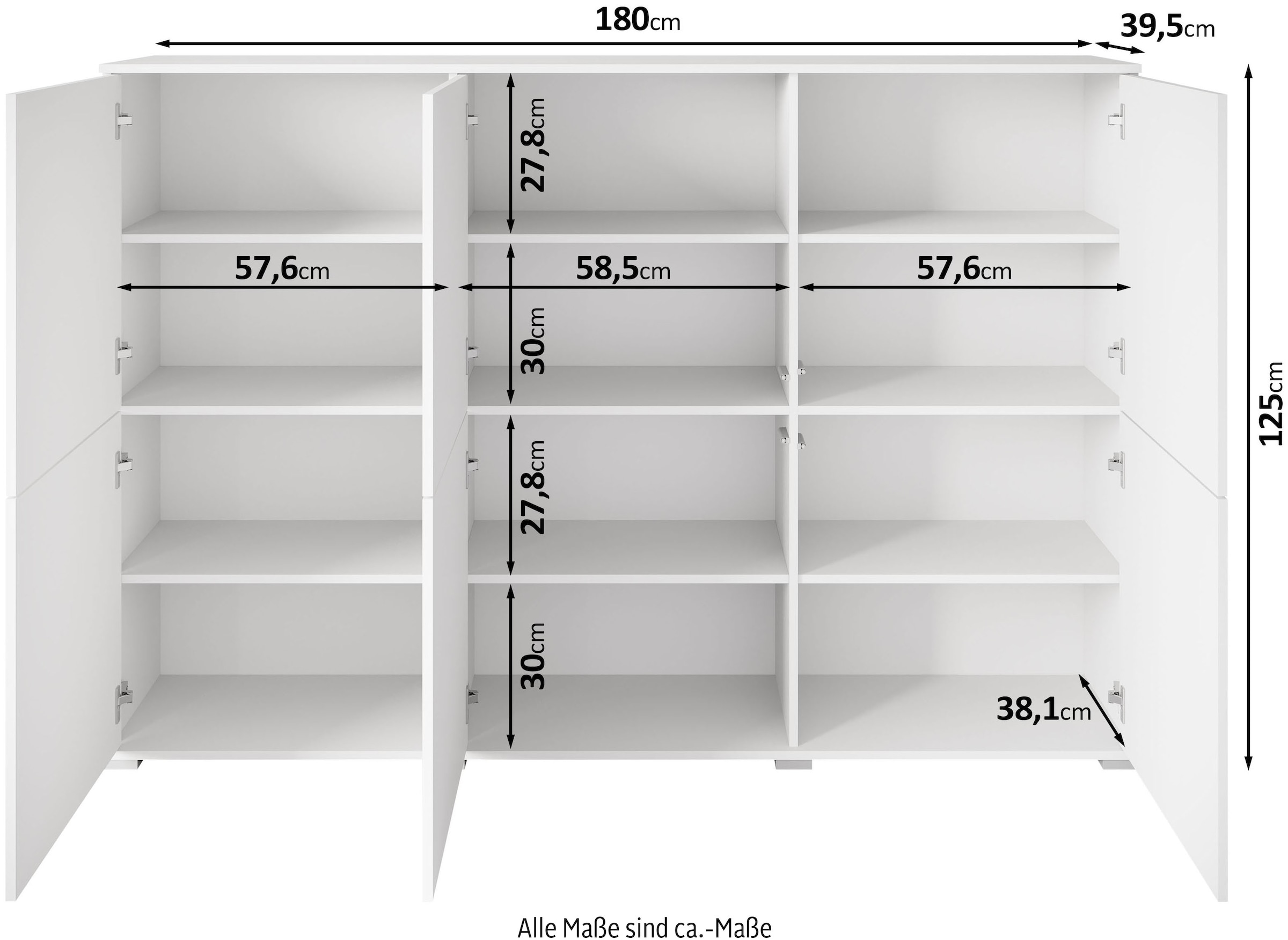 INOSIGN Highboard »Kenia, moderne grifflose Hochkommode mit 6 Türen, Breite 180 cm«, (1 St.), Push-to-Open-Fronten, höhenverstellbaren Einlegeböden