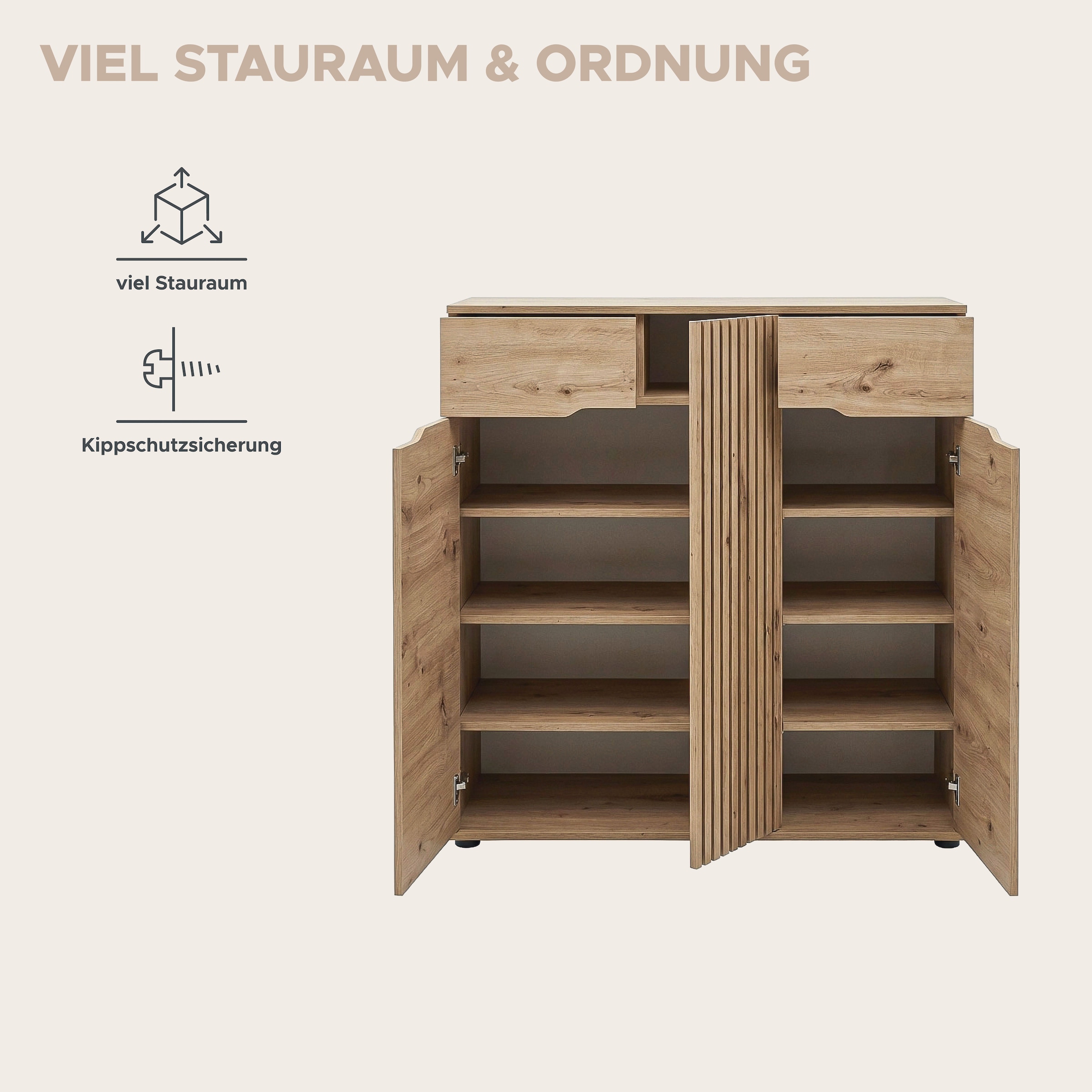 OTTO home Schuhkommode »FJELL, Breite 104cm, 3 Türen, 2 Schubkästen, 6 Einlegeböden, 9 Fächer« Garderobenschrank, Schuhschrank, Kommode, Sideboard, Anrichte