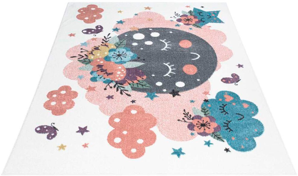 Carpet City Kinderteppich »ANIME917«, rechteckig, 11 mm Höhe, Kinderzimmer Teppich Modern mit Mond, Blumen, Wolken, Creme, Multi