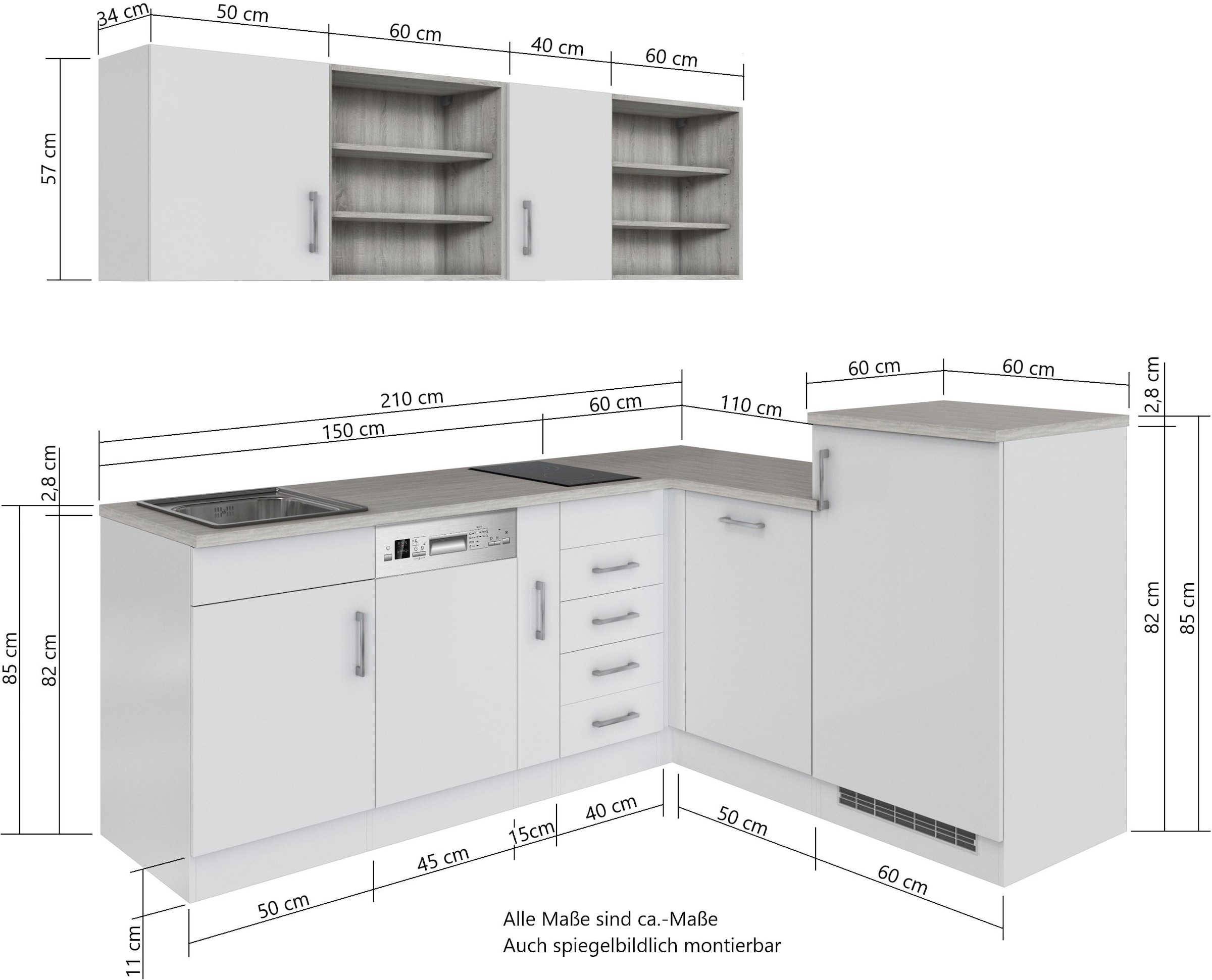KOCHSTATION Küche »KS-Mali«, Stellbreite 210/170 cm, mit E-Geräten