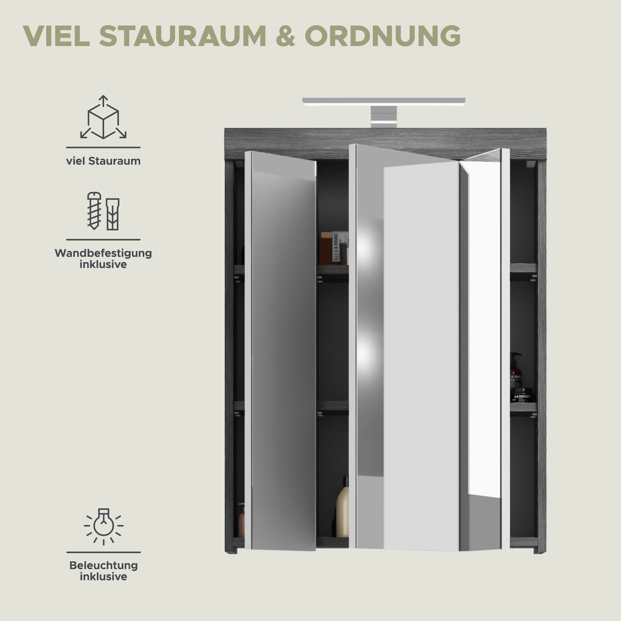 INOSIGN Spiegelschrank »Siena, Breite 60cm, inkl. Beleuchtung, 3 Spiegeltüren, 9 Fächer«, (Set), in verschiedenen Farben erhältlich, Badmöbel, Spiegel, Badschrank, Bad