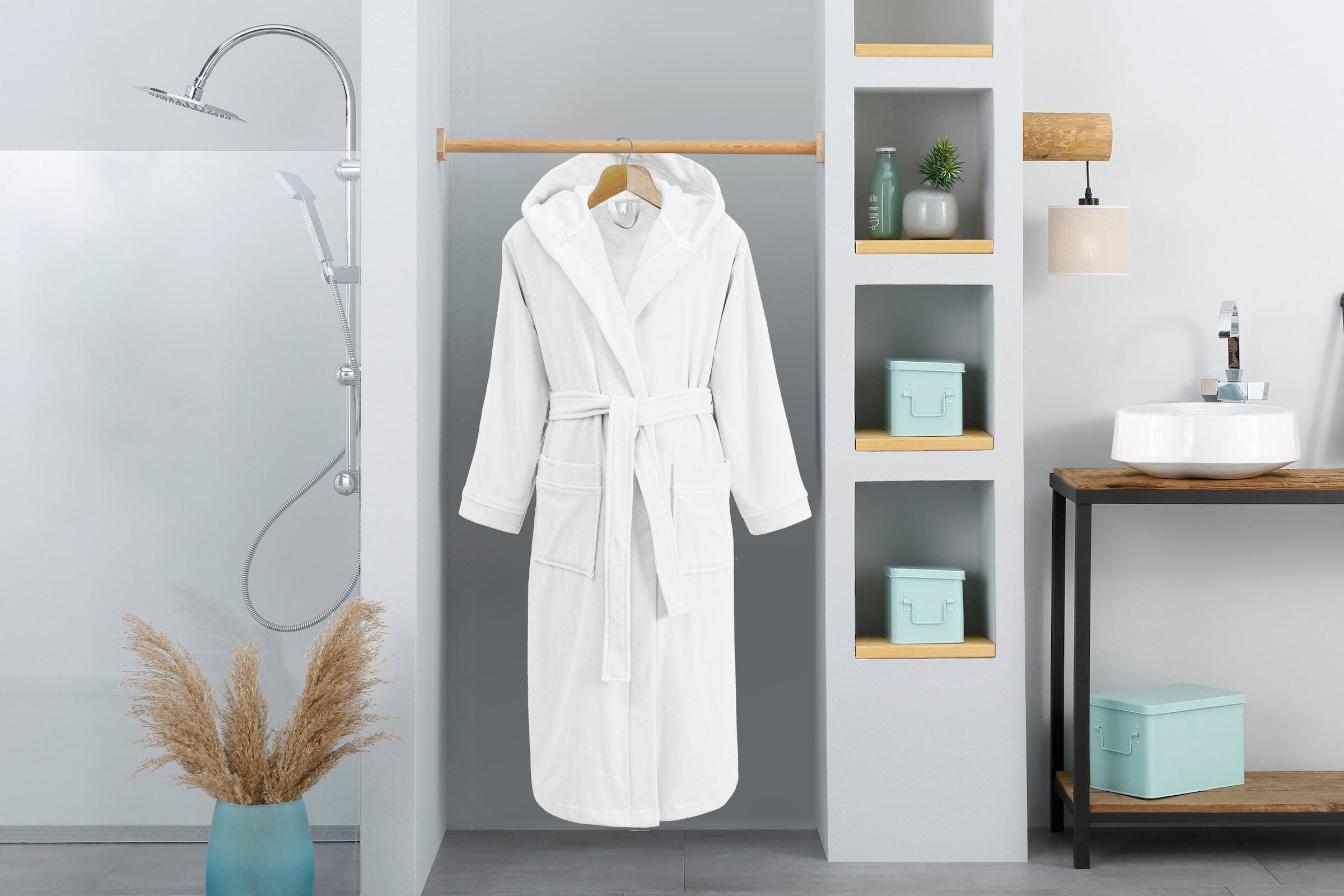 OTTO home Unisex-Bademantel »Fenya, 330 g/m², Premium, Hotelbademantel, Morgenmantel,  Sauna & Spa« 1 Stk. Reißverschlusstaschen, weich mit GRATIS-Zugabe: 1x Duschtuch 70x140 cm