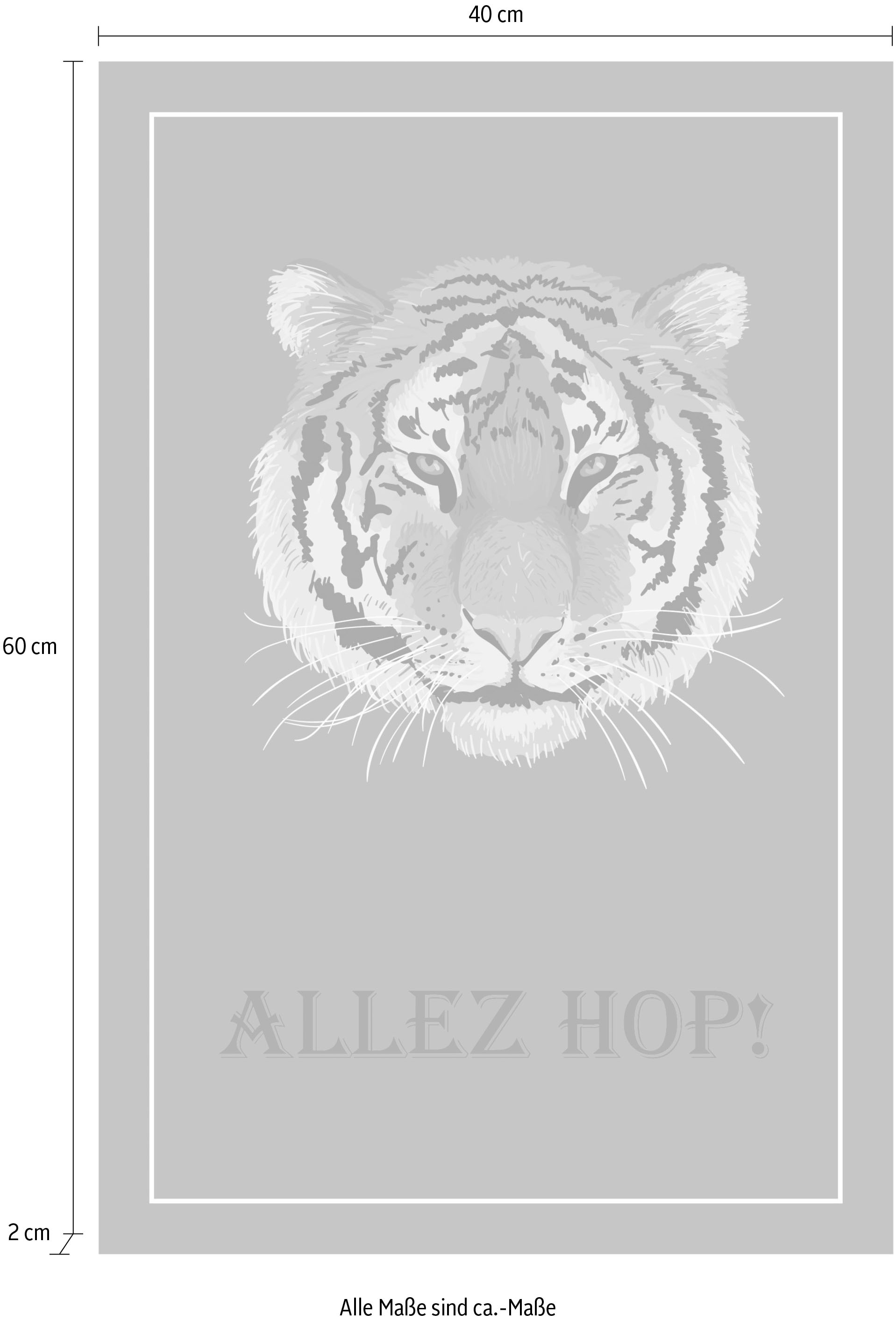 queence Leinwandbild »Tiger ALLEZ HOP!« Kunst | Modern | Raubkatzen | Schriftzug | Tiere | Tiger Premium-Leinwandstoff, Handarbeit aus Deutschland